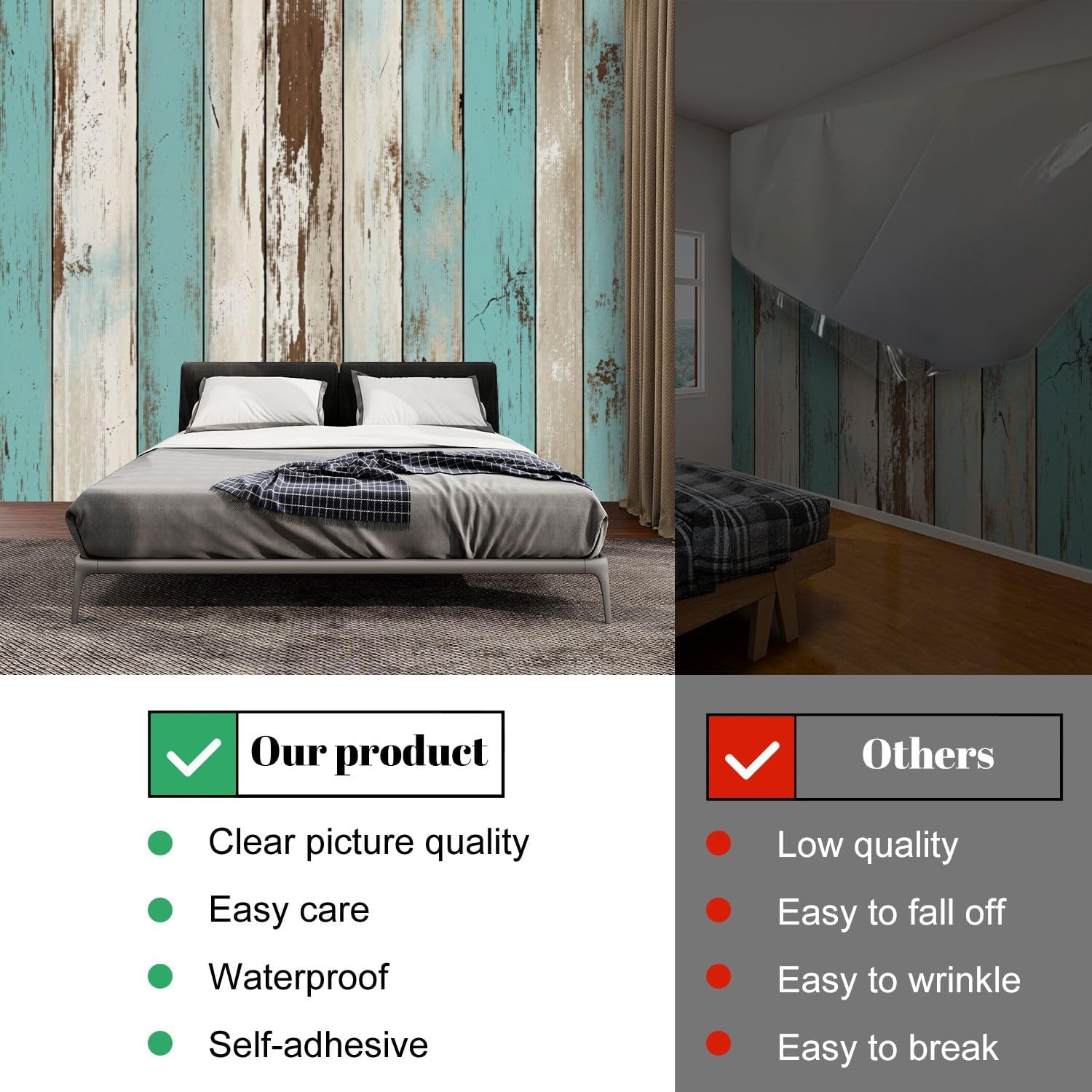 Wallpaper Peel and Stick 69'' x 96'' Self-Adhesive Wall Mural Distressed Wooden Planks Teal Brown White Colors Removable Wall Sticker Renter Friendly Decal for Kids Bedroom