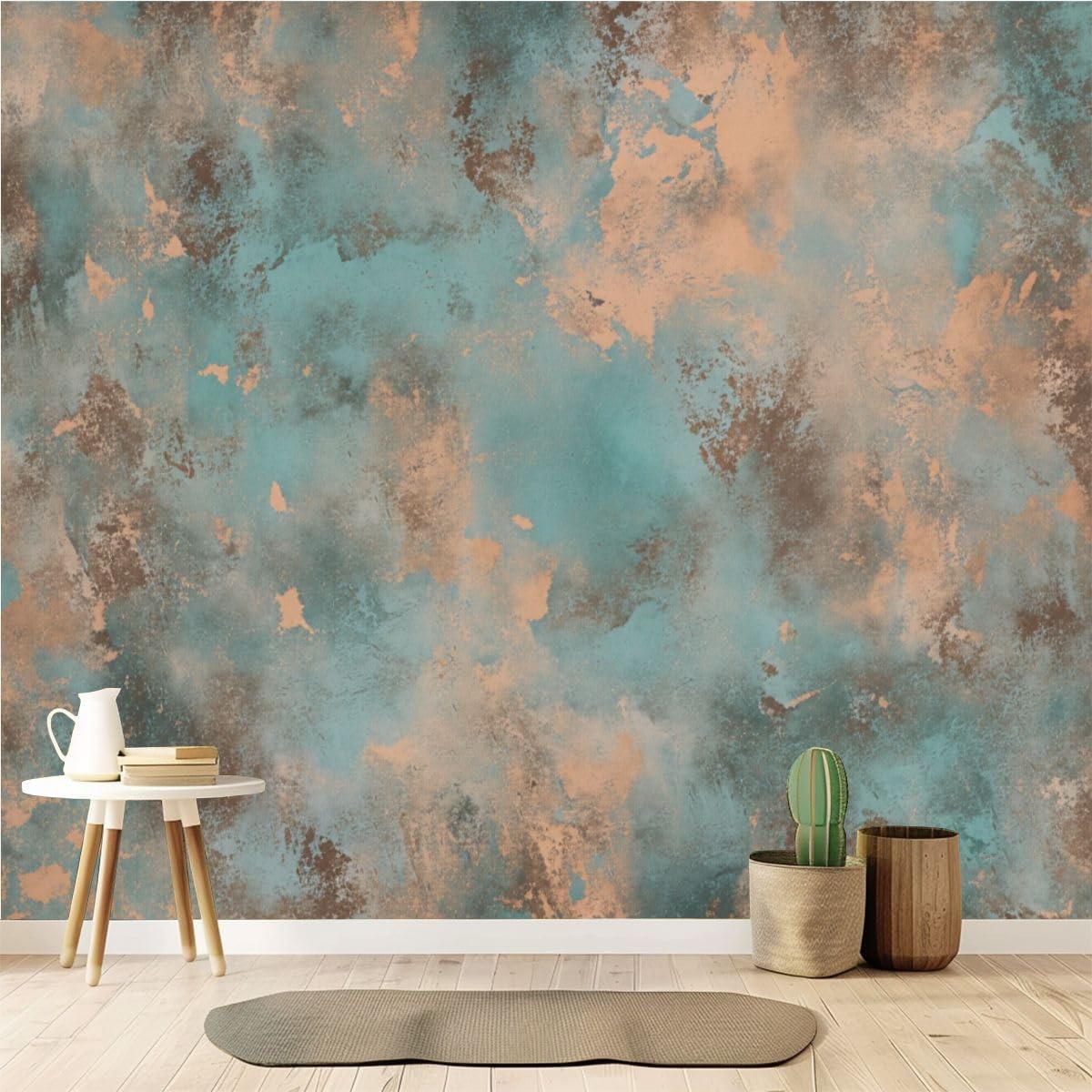Peel and Stick Wallpaper 100'' x 144'' Self-Adhesive Wall Mural Distressed Wooden Planks Teal Brown White Colors Large Wall Sticker, Removable Decor for Bedroom Living Room, Office