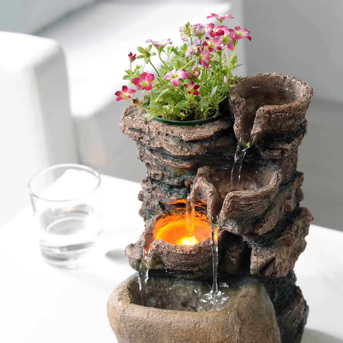 Haobos Indoor Fountain 4-Bowl Rockery Soothing Sound Tabletop Fountains Home/Office Decor with a Small Plastic Pot to Grow The Plant by Yourself(Automatic Watering)