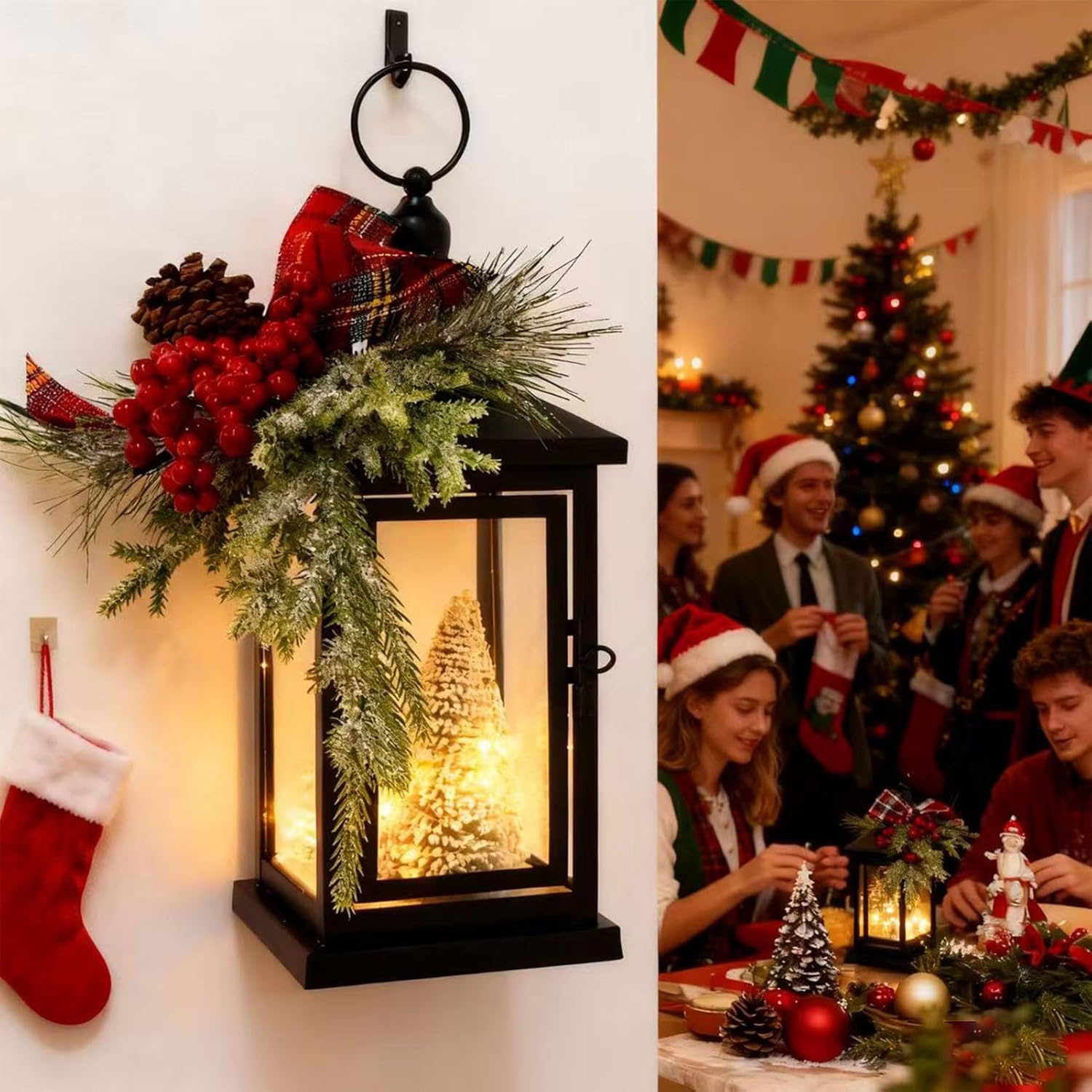 2Packs 14" Lighted Christmas Lanterns, Hanging Christmas Lantern Decorative with Snow-Covered Tree, Bow & Pine Cone Decorations for Porch, Mantel, Seasonal Display, Retro-Style Holiday Decor Outdoor