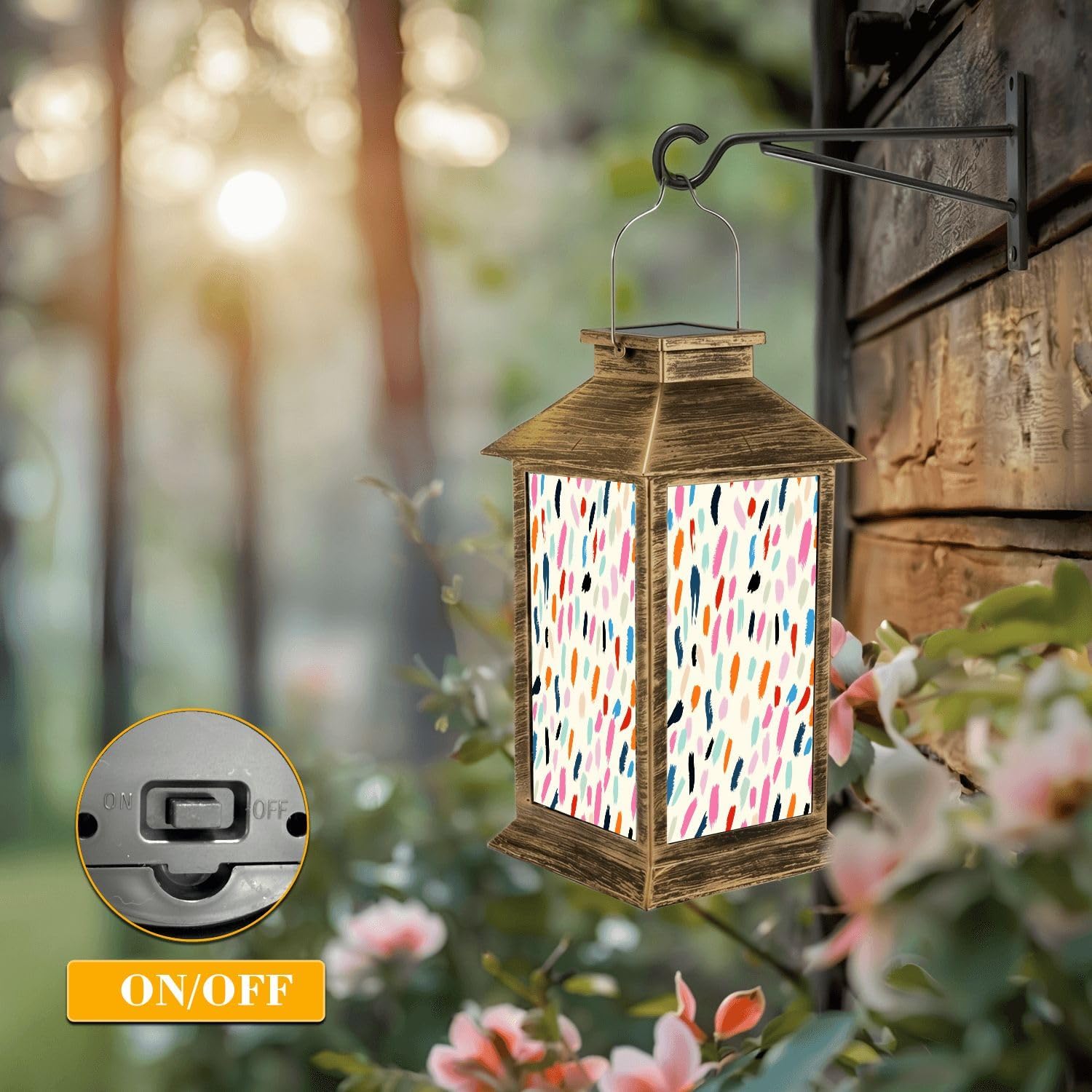 Solar Lantern Outdoor Waterproof Polka Dot Ikat Geometric Folklore Ornament Vintage Retro Style Garden Decor LED Hanging Solar Lights Tabletop Lamp Gifts for Women Mom Outside Yard Patio Porch