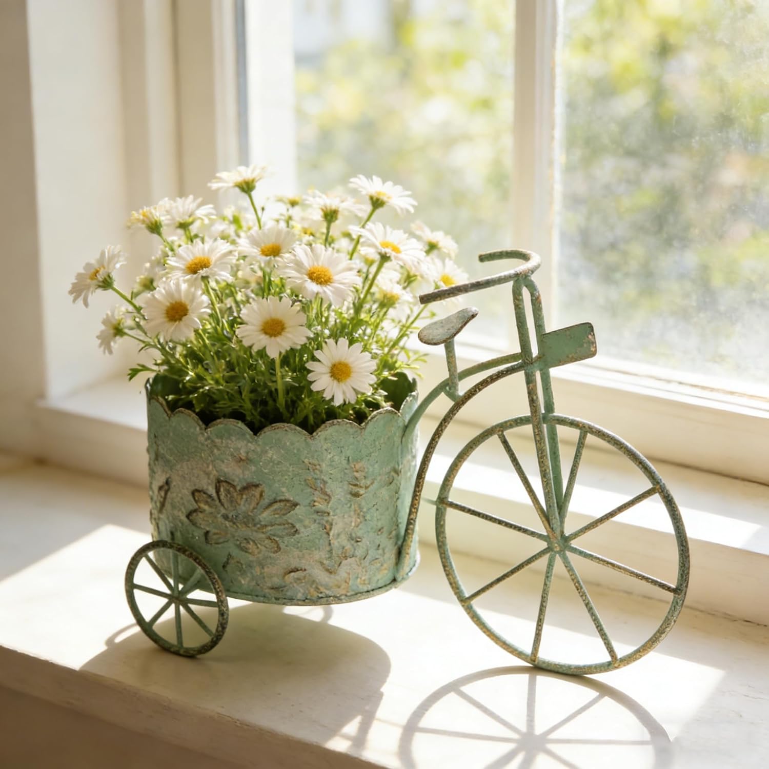 Vintage Green Metal Bicycle Planter Rustic Distressed Iron Flower Pot Plant Stand for Succulent Cactus Bonsai Herbs Flower Pot Indoor & Outdoor Garden Home Desktop Decor Gifts