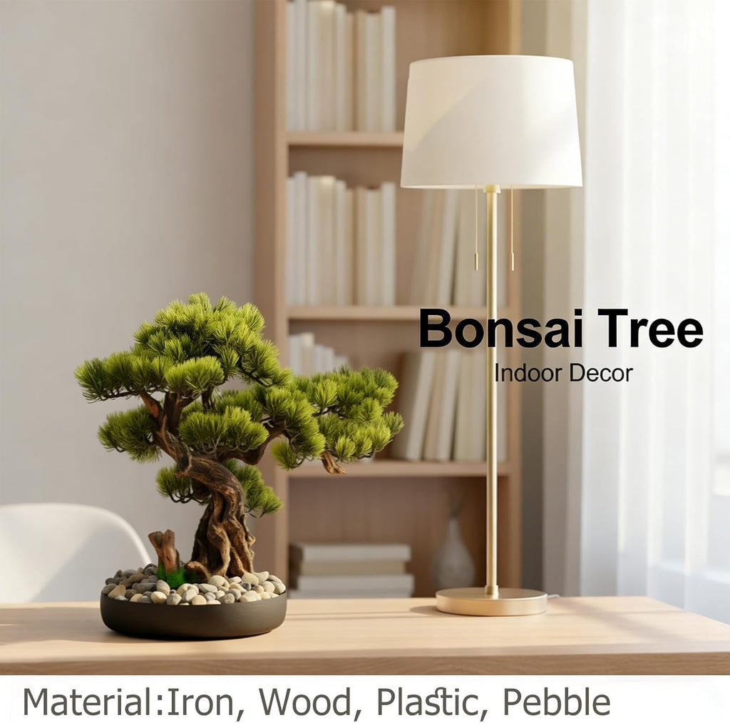 Realistic Artificial Bonsai Pine Tree, 25.6 * 17.7in Indoor Desktop Welcome Pine Bonsai, Potted Artificial House Plant with Iron Pot and Pebbles, for Home Bookshelf Office Desk Farmhouse Decor