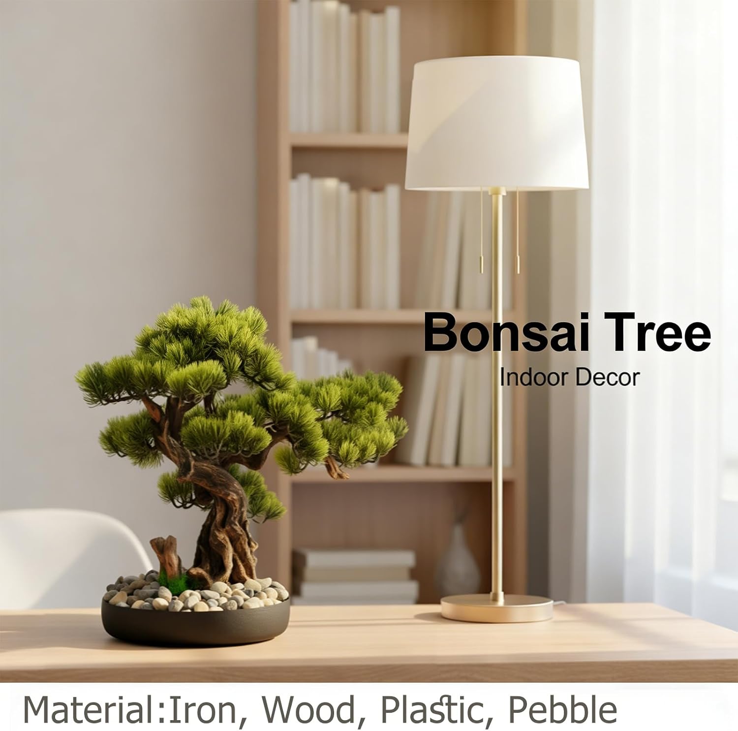 Realistic Artificial Bonsai Pine Tree, 25.6 * 17.7in Indoor Desktop Welcome Pine Bonsai, Potted Artificial House Plant with Iron Pot and Pebbles, for Home Bookshelf Office Desk Farmhouse Decor