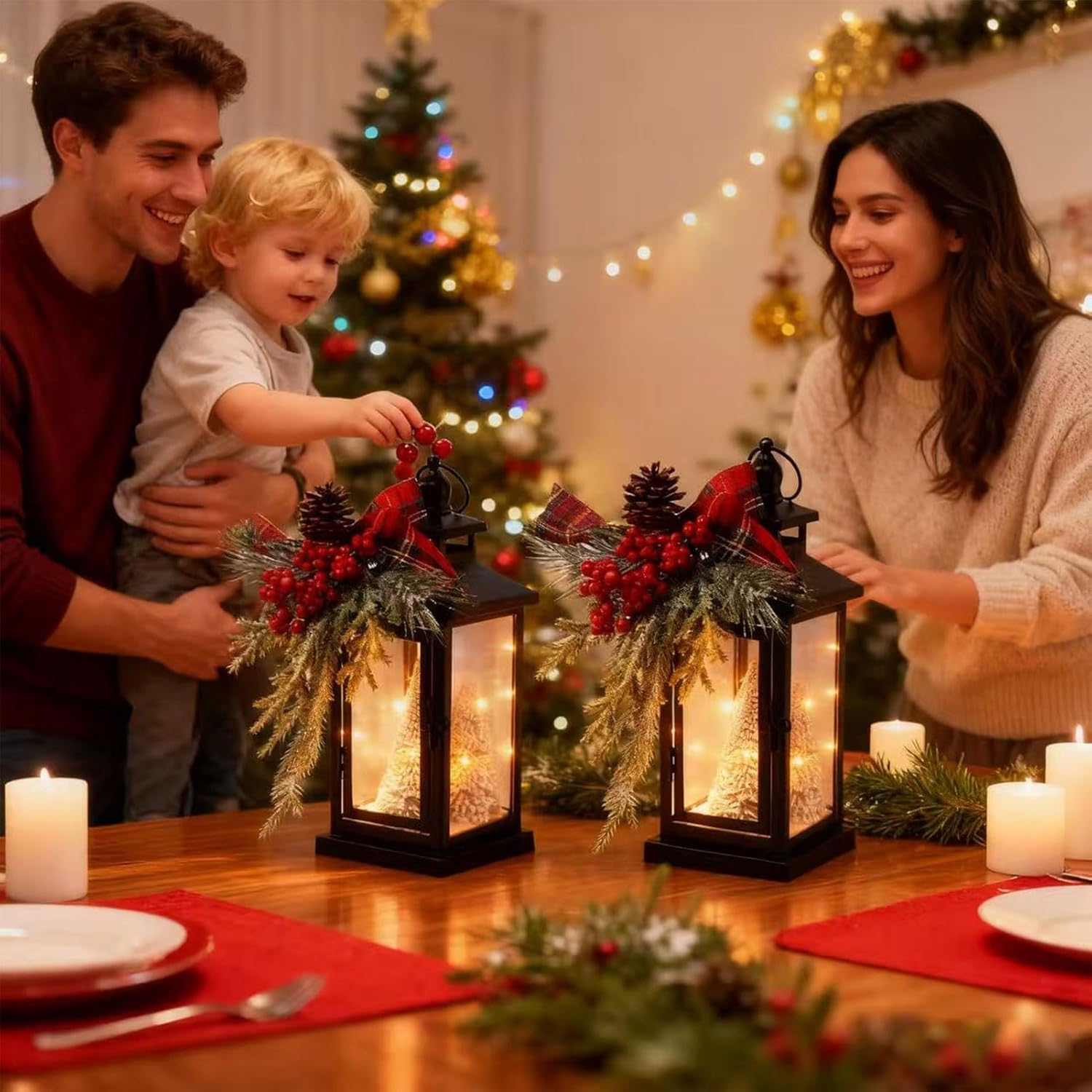 2Packs 14" Lighted Christmas Lanterns, Hanging Christmas Lantern Decorative with Snow-Covered Tree, Bow & Pine Cone Decorations for Porch, Mantel, Seasonal Display, Retro-Style Holiday Decor Outdoor