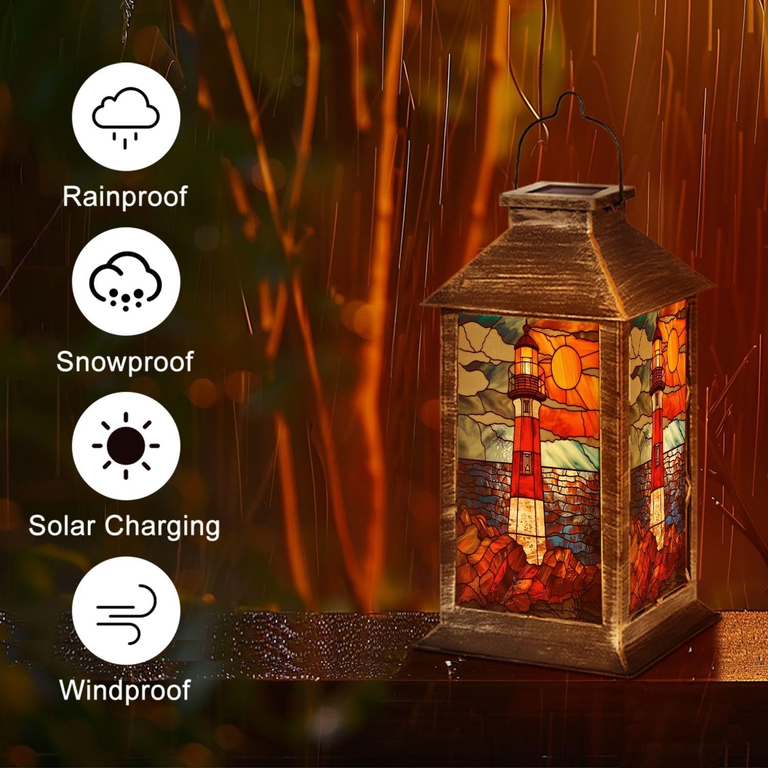 Solar Lantern Coastal Lighthouse Stained Glass Hanging Ornament Outdoor Garden Hanging Lantern Waterproof Solar Powered Lighting Outside Table Lamp for Patio Deck Yard Camping Nautical Decor