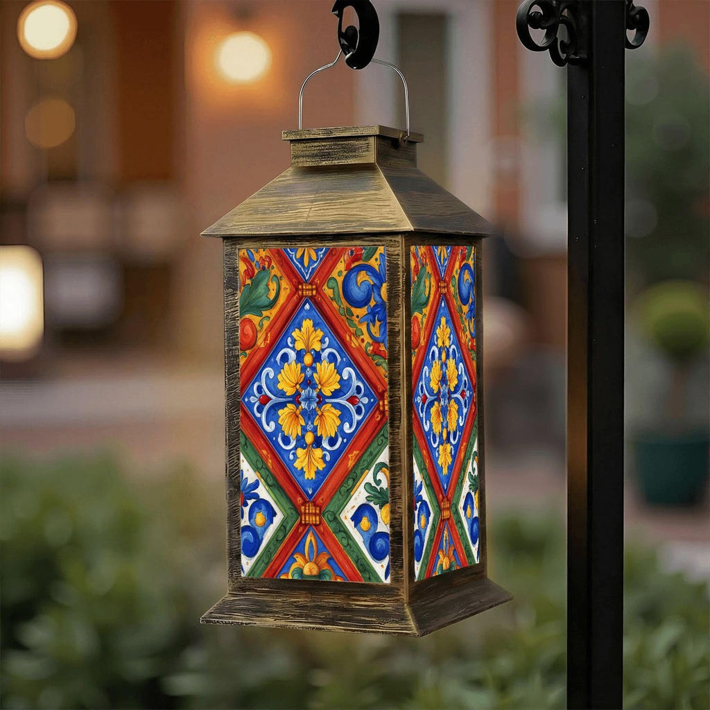 Solar Lantern Outdoor Waterproof Mexican Talavera Ceramic Tile Seamless Ethnic Folk Ornament Italian Garden Decor LED Hanging Solar Lights Tabletop Lamp Gifts for Women Mom Outside Yard Patio Porch