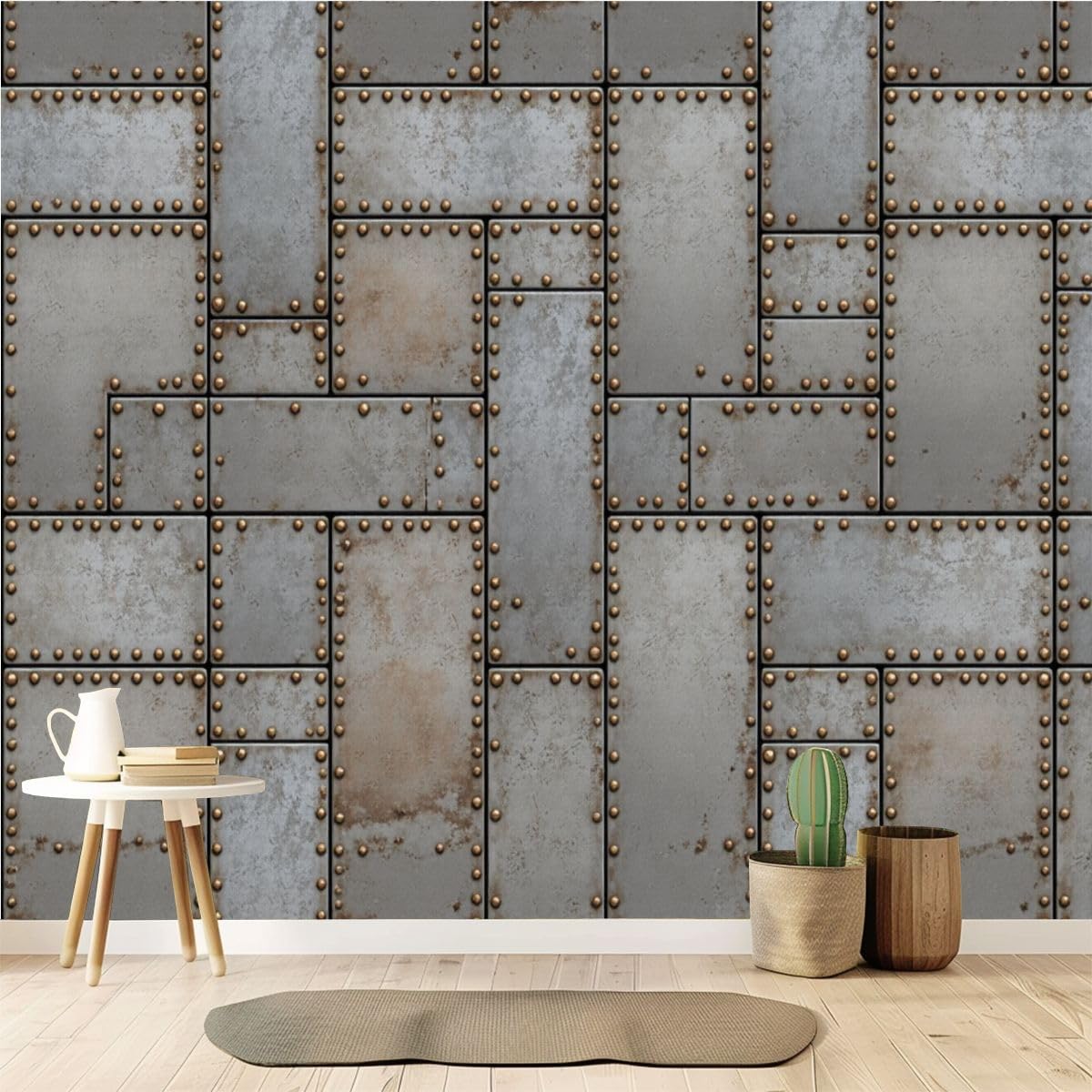 Peel and Stick Wallpaper 100'' x 144'' Self-Adhesive Wall Mural Distressed Wooden Planks Teal Brown White Colors Large Wall Sticker, Removable Decor for Bedroom Living Room, Office