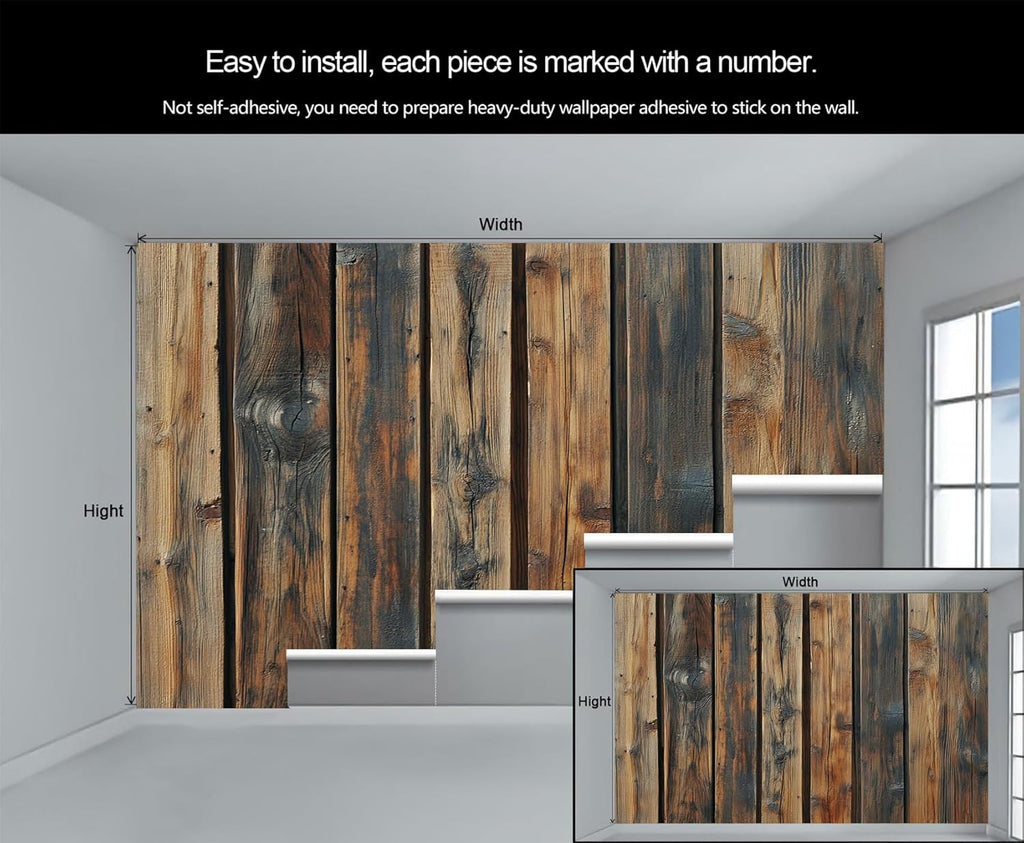 Rustic Wooden Plank Mural - Distressed Wall Paintings, Brown Wood Stripes 3D Wall Mural for Living Room Bedroom, Wooden Plank Murals - 157.5" x 110.3" (Not Peel n' Stick)