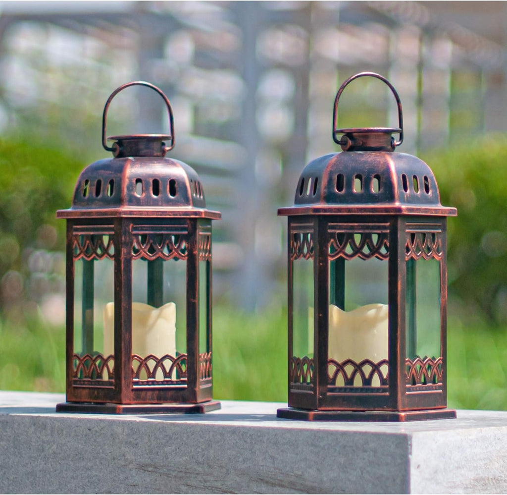 Solar Lanterns 2 Pack Bronze - Retro Ornate Hanging Lantern with Handle, Outdoor Lantern with Flickering Candle LED, 6.60 x 6.60 x 10.60 in