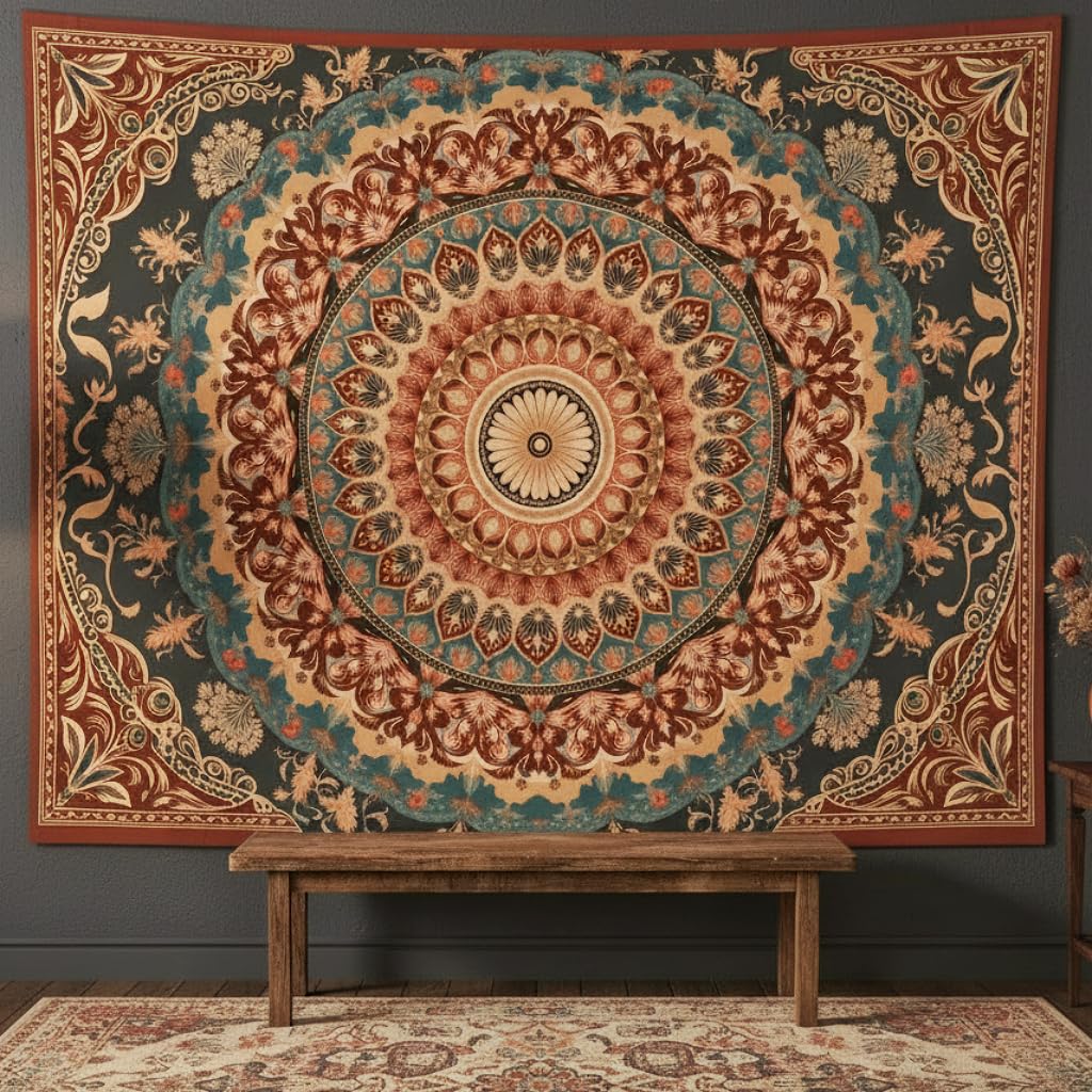 Accnicc Extra Large Orange Brown Boho Mandala Floral Tapestry, 90×68 Inch, Bohemian Wall Decor for Bedroom Living Room Dorm