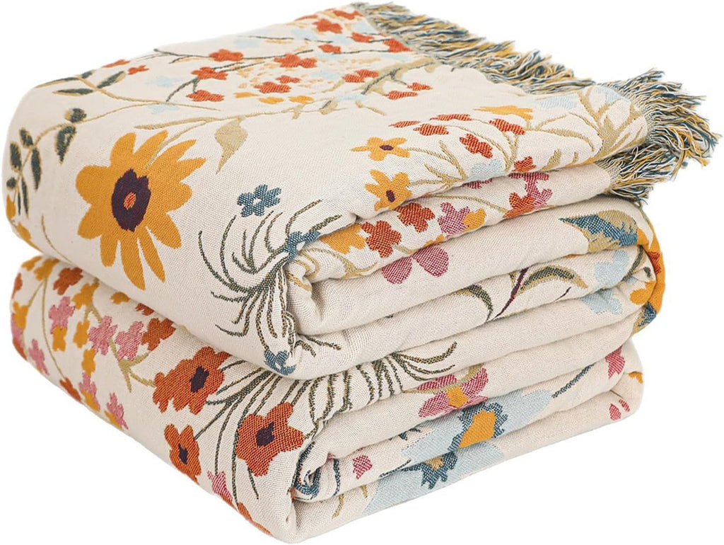 MSGKV Boho Throw Blanket for Couch Chair 100% Cotton Floral Blanket 50"x60" Sofa Blankets Lightweight Farmhouse Muslin Summer Breathable Bed Blankets Home Decor All Seasons