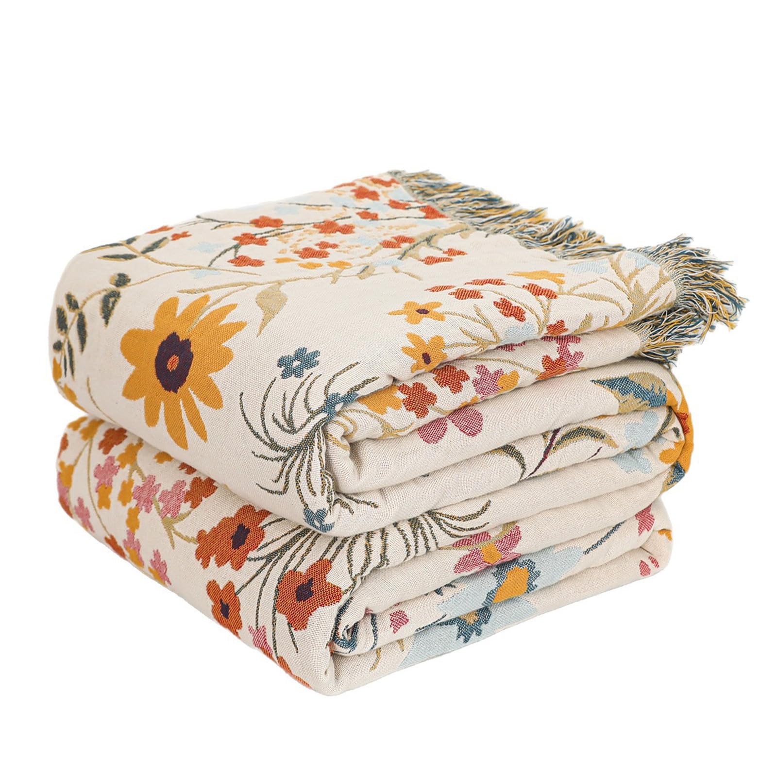 MSGKV Boho Throw Blanket for Couch Chair 100% Cotton Floral Blanket 50"x60" Sofa Blankets Lightweight Farmhouse Muslin Summer Breathable Bed Blankets Home Decor All Seasons