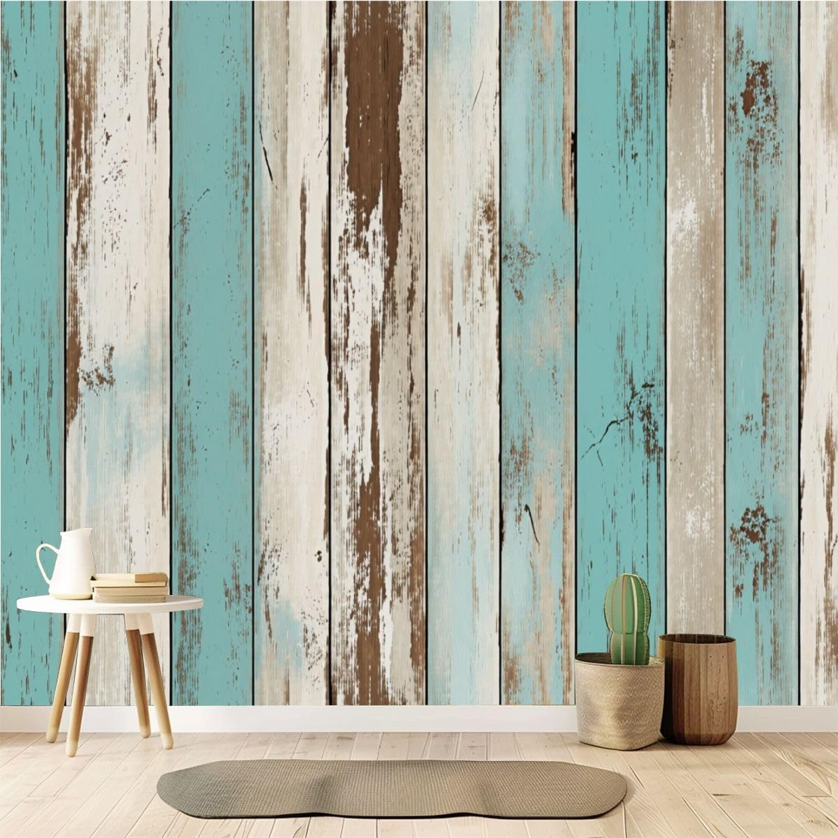 Wallpaper Peel and Stick 69'' x 96'' Self-Adhesive Wall Mural Distressed Wooden Planks Teal Brown White Colors Removable Wall Sticker Renter Friendly Decal for Kids Bedroom