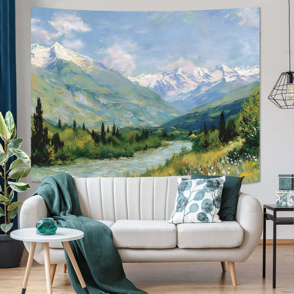 Yeoiat Tapestry Alpine Mountain River Landscape Oil Painting Wall Art Artistic Hand-Painted Look Fine Art Meadow Flowers Decor 90"x70"