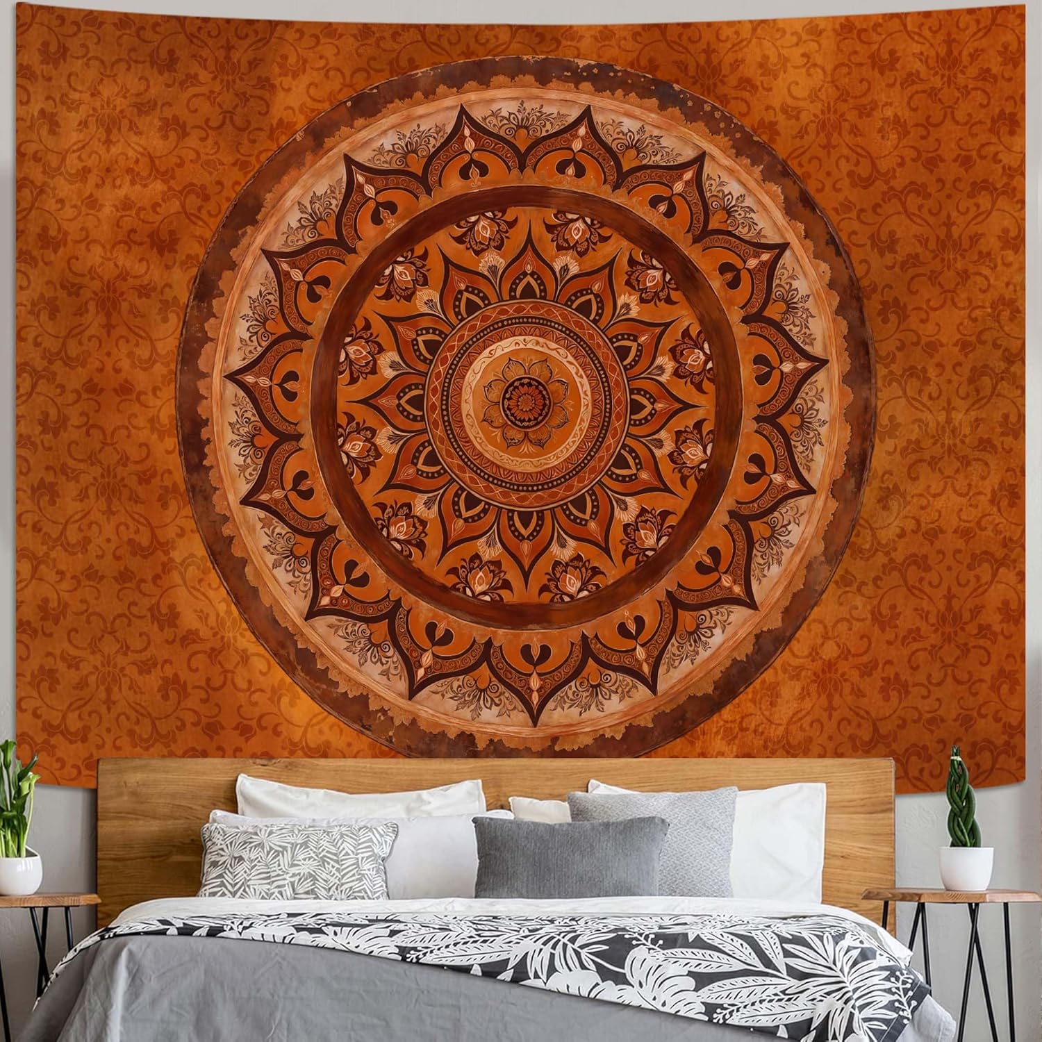 Accnicc Extra Large Orange Brown Boho Mandala Floral Tapestry, 90×68 Inch, Bohemian Wall Decor for Bedroom Living Room Dorm