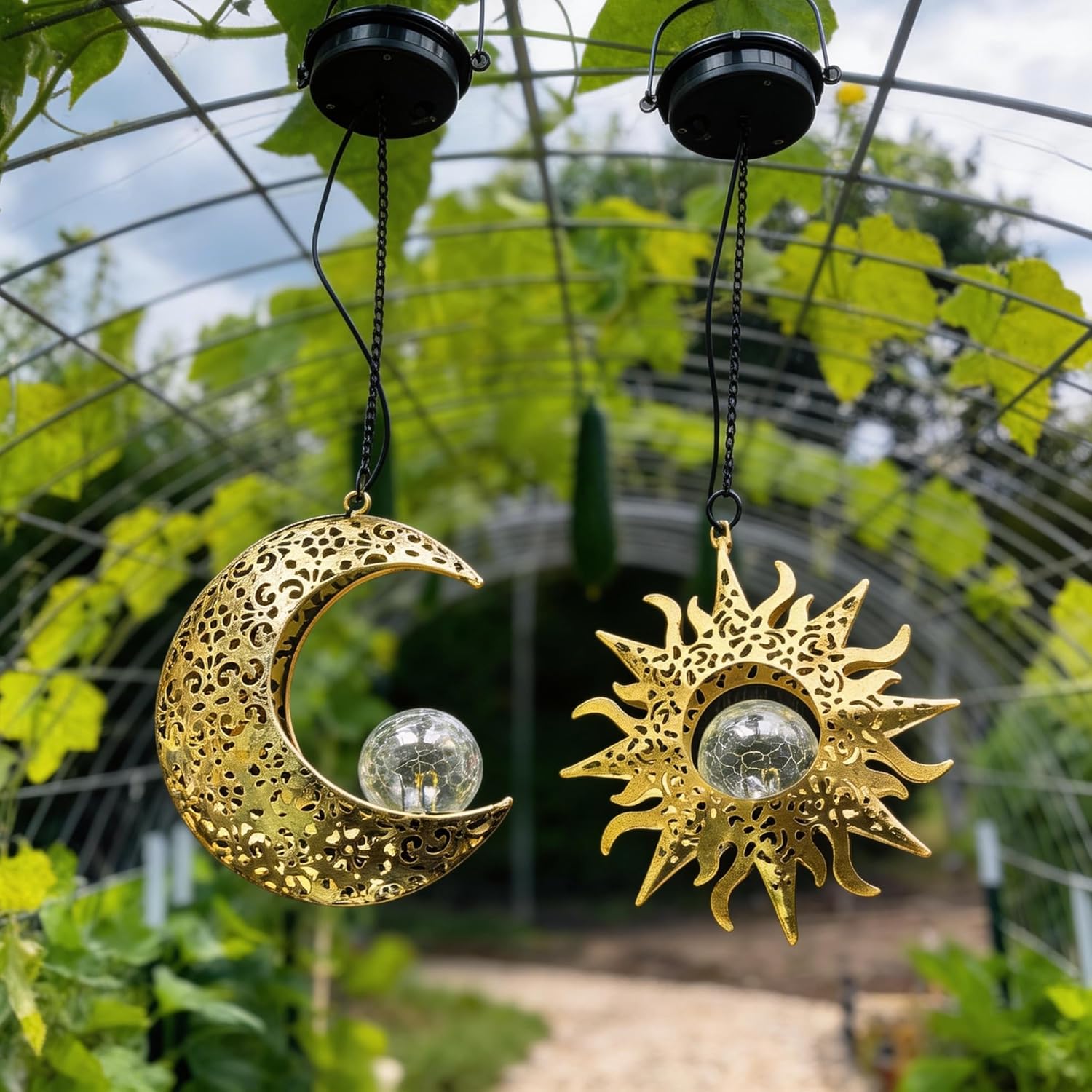 Solar Hanging Sun & Moon Lights Set for Outside,2 Pack Metal Lanterns Pierced Carving Soothing Lamp, Large Decorations for Yard Garden Patio Proch Tree Wall, Christmas Gifts for Women Mom