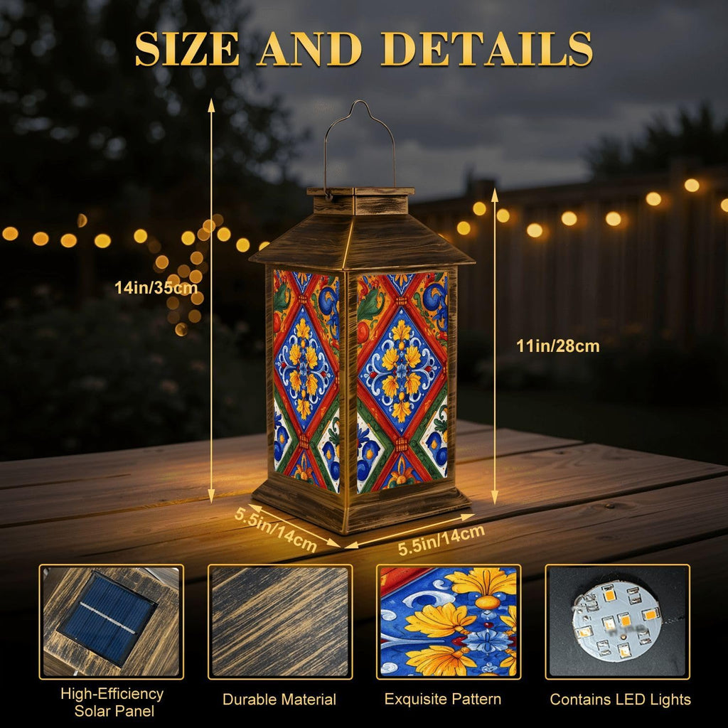 Solar Lantern Outdoor Waterproof Mexican Talavera Ceramic Tile Seamless Ethnic Folk Ornament Italian Garden Decor LED Hanging Solar Lights Tabletop Lamp Gifts for Women Mom Outside Yard Patio Porch