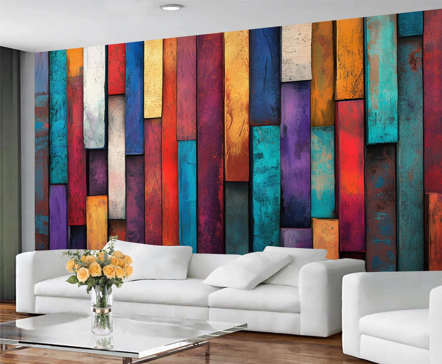 Colorful Wood Grain Wall Mural - Distressed Murals, Wooden Stripes Large Wall Murals for Living Room, Wood Grain Mural - 197" x 118.2" (Not Peel n' Stick)