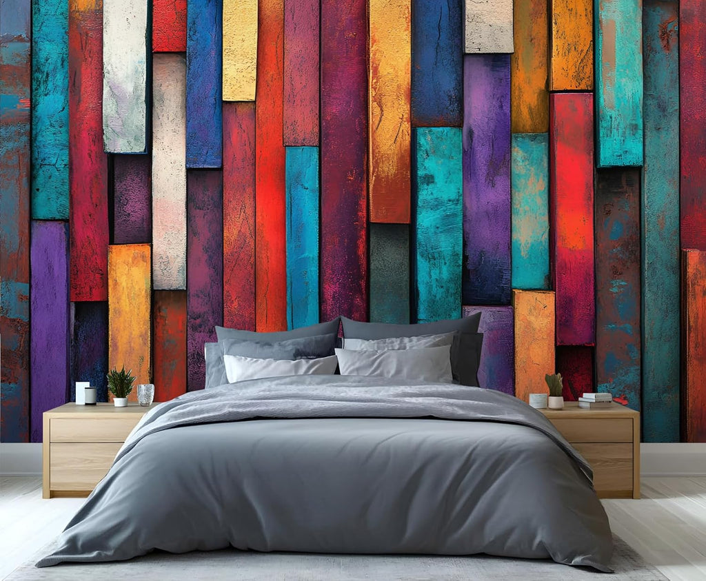 Colorful Wood Grain Wall Mural - Distressed Murals, Wooden Stripes Large Wall Murals for Living Room, Wood Grain Mural - 197" x 118.2" (Not Peel n' Stick)