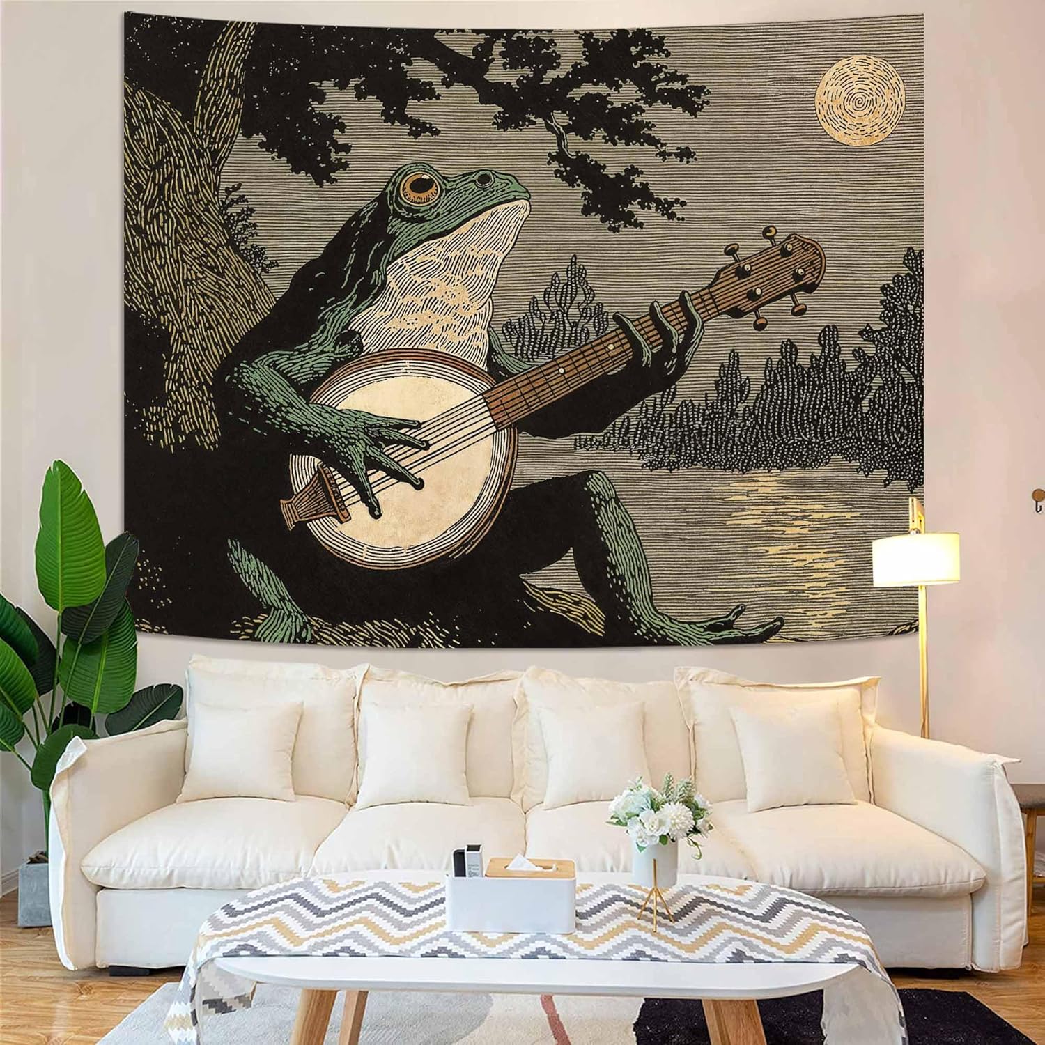 Lunerfex Folk Art Frog Banjo Tapestry - Vintage Woodland Night Wall Hanging for Rustic & Whimsical Decor 90"x70"