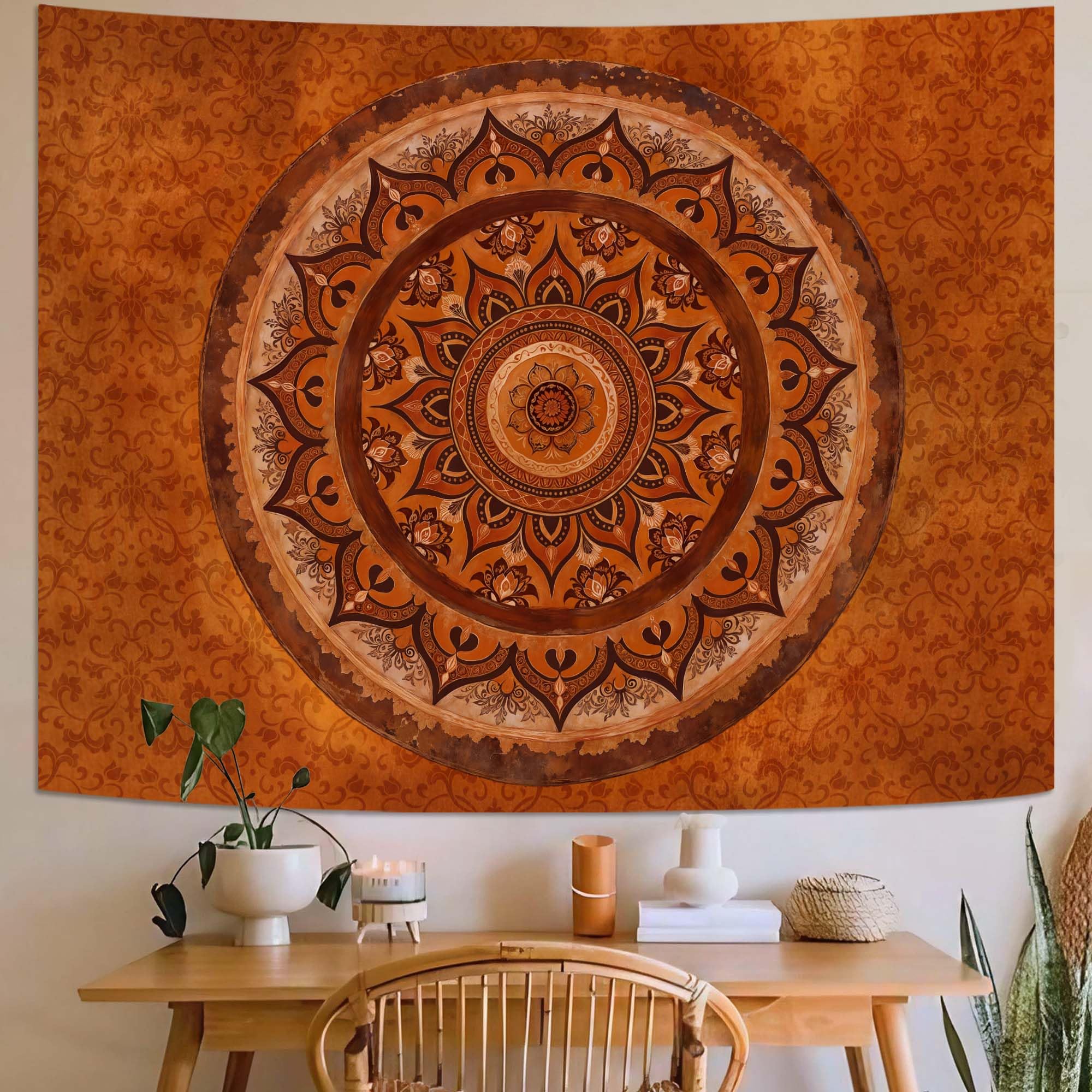 Accnicc Extra Large Orange Brown Boho Mandala Floral Tapestry, 90×68 Inch, Bohemian Wall Decor for Bedroom Living Room Dorm