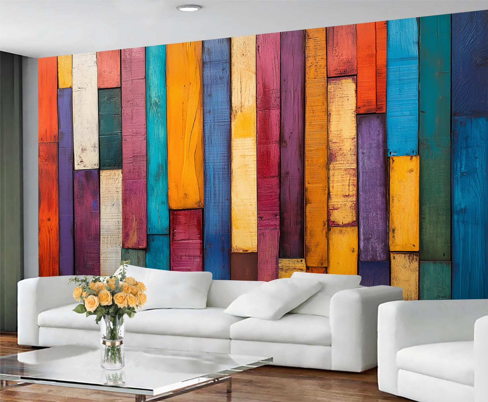 Colorful Distressed 3D Wood Grain Striped Wall Mural for Living Room & Bedroom, 197" x 118.2", Non-Adhesive