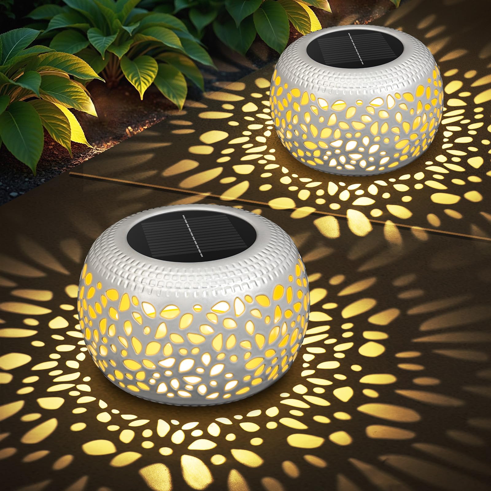 Solar Lanterns Waterproof Outdoor Decor: 2 Pack Hollow Out Retro Metal Solar Lights - Unique Gardening Gifts for Women Mom - Outside Garden Yard Patio Porch Tabletop Decorations 2 Lighting Colors