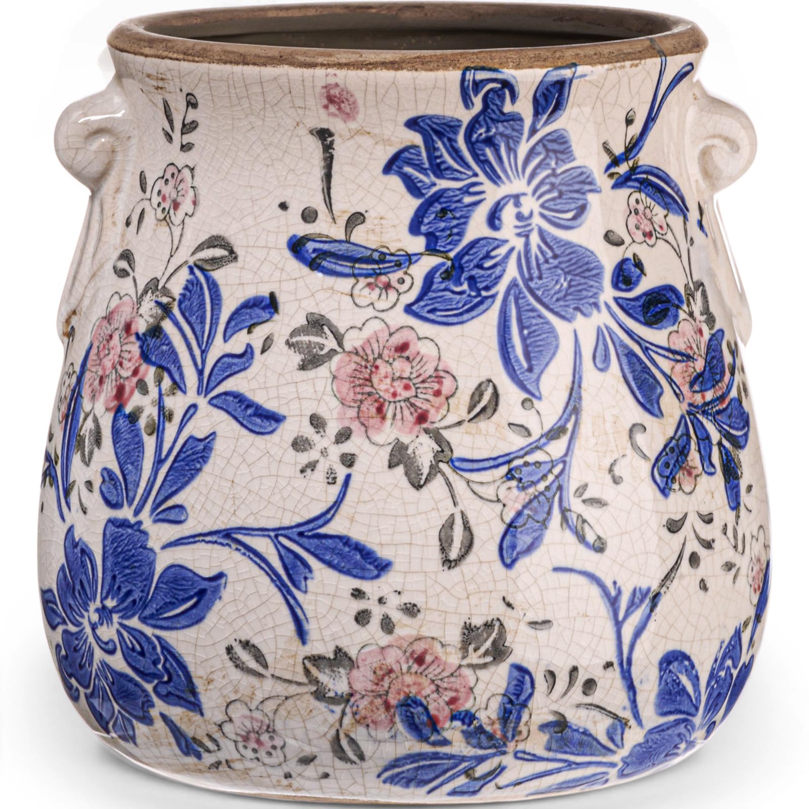 Ceramic Green Scroll Planter 6.5 Inch Chinoiserie Floral Vase with Drainage Holes Vintage Flower Vase Flower Pot Rustic Ceramic Pots for Indoor Plants Flowers Garden Home Bookshelf Decor
