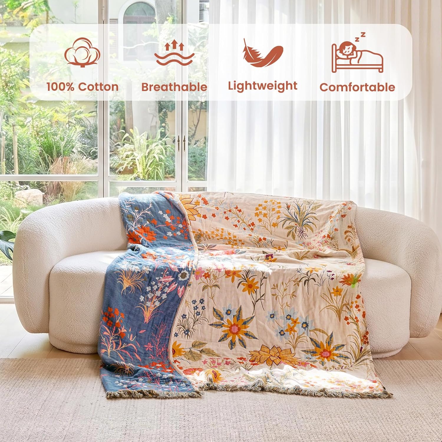 MSGKV Boho Throw Blanket for Couch Chair 100% Cotton Floral Blanket 50"x60" Sofa Blankets Lightweight Farmhouse Muslin Summer Breathable Bed Blankets Home Decor All Seasons