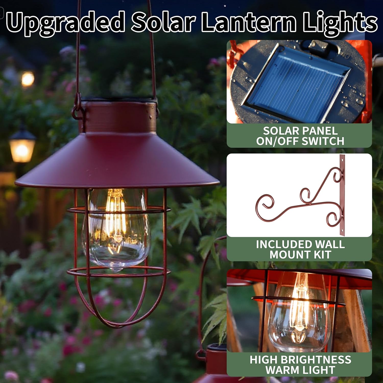 2-Pack Red Waterproof Metal Solar Hanging Lanterns with Hooks, Warm White LED for Yard Garden Patio Outdoor Decor