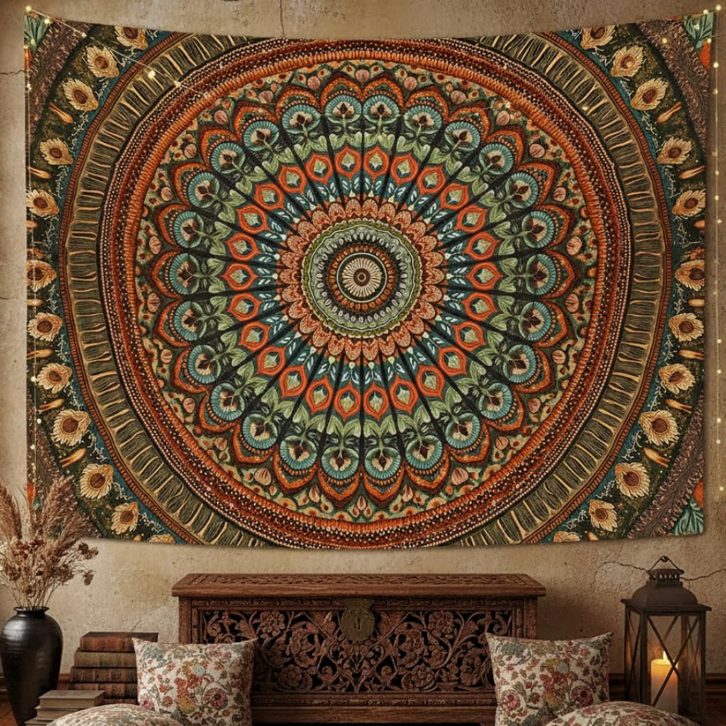 Accnicc Extra Large Orange Brown Boho Mandala Floral Tapestry, 90×68 Inch, Bohemian Wall Decor for Bedroom Living Room Dorm
