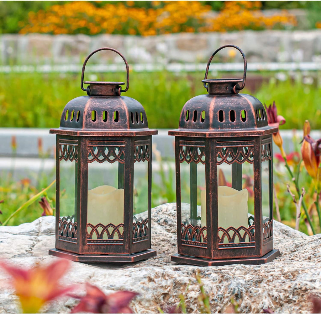 Solar Lanterns 2 Pack Bronze - Retro Ornate Hanging Lantern with Handle, Outdoor Lantern with Flickering Candle LED, 6.60 x 6.60 x 10.60 in