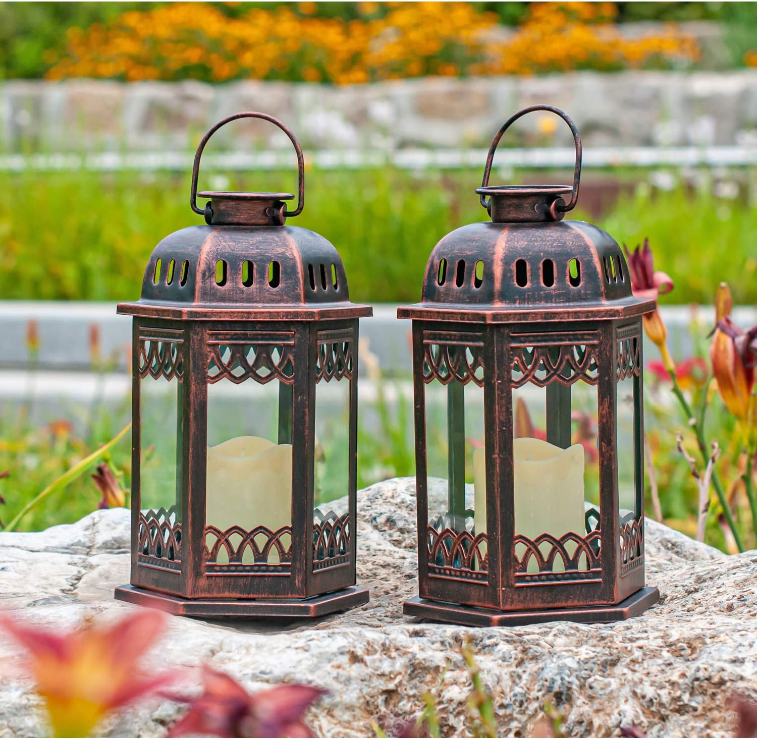 Solar Lanterns 2 Pack Bronze - Retro Ornate Hanging Lantern with Handle, Outdoor Lantern with Flickering Candle LED, 6.60 x 6.60 x 10.60 in