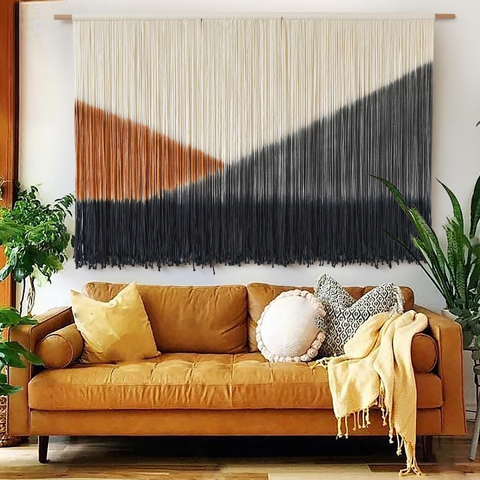 Macrame Wall Hanging Boho Chic Wall Art Macrame Wall Decor Fiber Yarn Tapestry Dip-Dye Living Room Home Bedroom Wall Decor 57" Wx 35" L