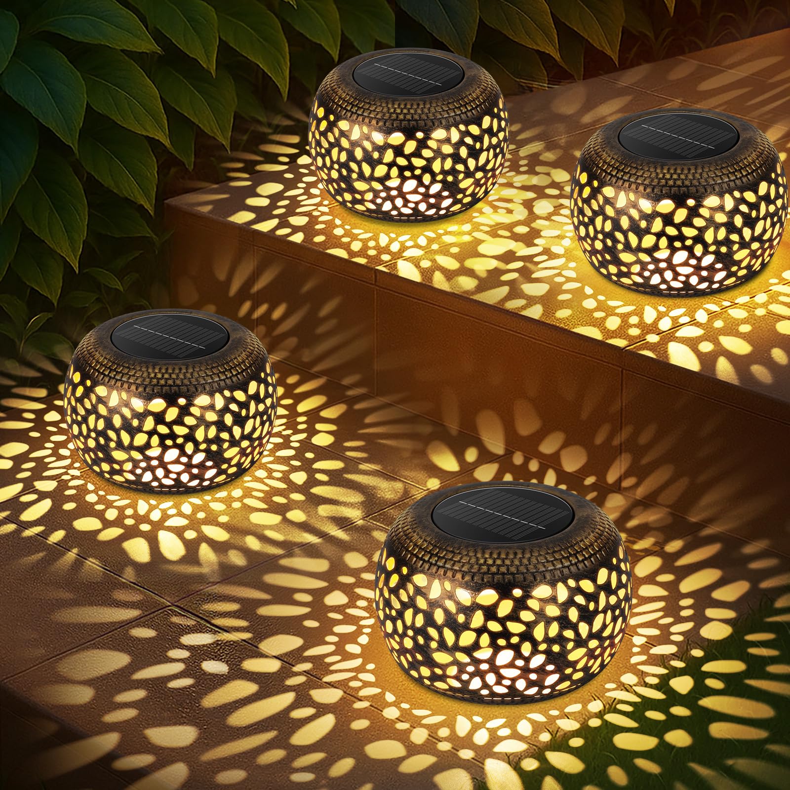Solar Lanterns Waterproof Outdoor Decor: 2 Pack Hollow Out Retro Metal Solar Lights - Unique Gardening Gifts for Women Mom - Outside Garden Yard Patio Porch Tabletop Decorations 2 Lighting Colors