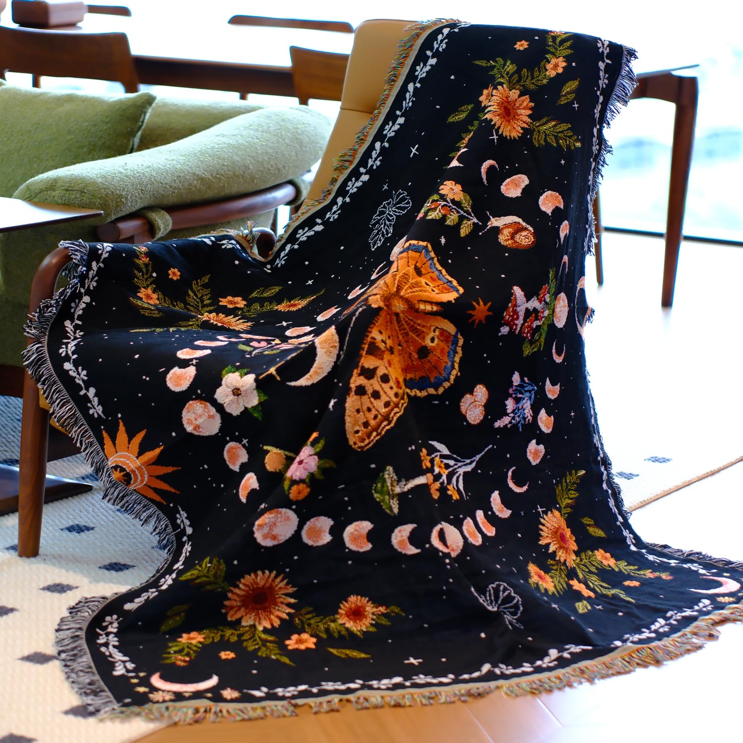 Mandala Flower Boho Throw Blanket for Couch Bed Chair Lounge Hippie Room Decor Reversible Cotton Woven Whimsical Throw Blanket Witchy Room Decor Throws Bed Spread Outdoor Camping Blanket 51x59 Inches