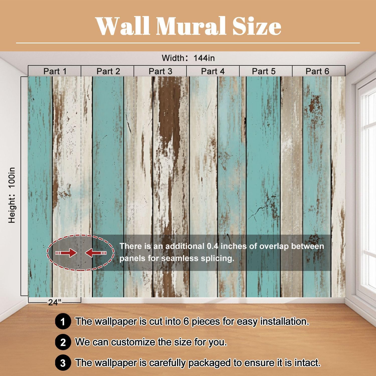 Peel and Stick Wallpaper 100'' x 144'' Self-Adhesive Wall Mural Distressed Wooden Planks Teal Brown White Colors Large Wall Sticker, Removable Decor for Bedroom Living Room, Office