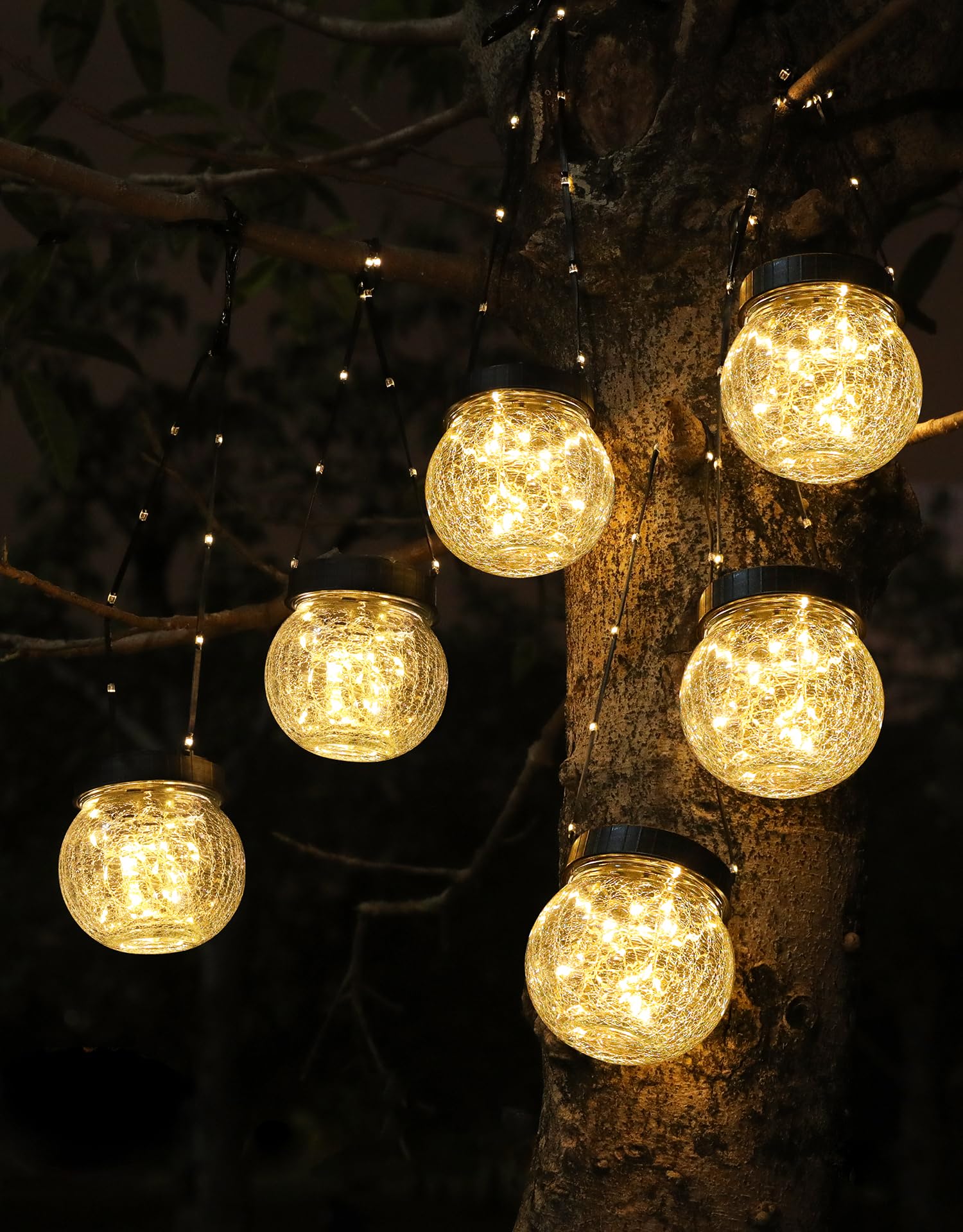 Solar Lantern Solar Lights Outdoor Waterproof 6-Pack, Solar Powered Hanging Lights Cracked Glass Hanging Globes for Christmas Decoration, Shepherd Hook, Garden Tree Ornaments, White Cap, Warm White