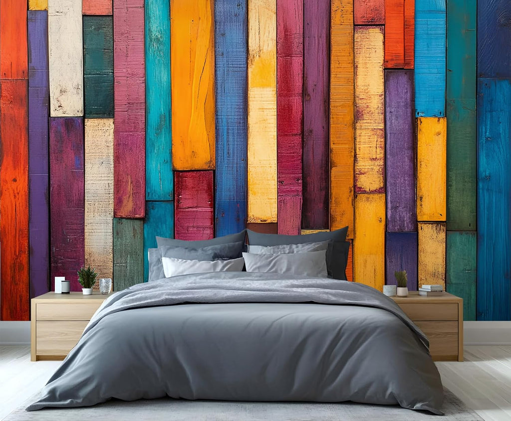 Colorful Distressed 3D Wood Grain Striped Wall Mural for Living Room & Bedroom, 197" x 118.2", Non-Adhesive