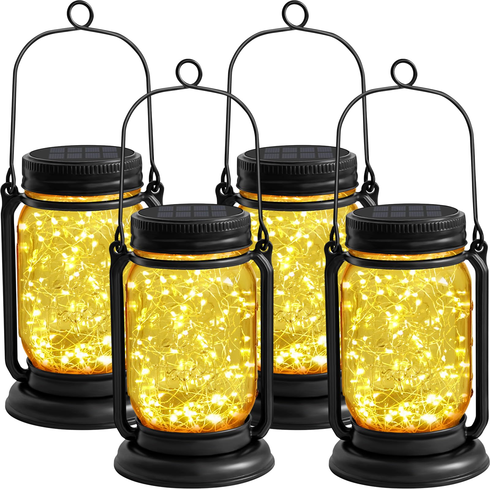 4 Pack Hanging Solar Lantern Lights, 30LED Vintage Glass Mason Jar Solar Fairy Lights Outdoor Decorative Waterproof Table Light with Stakes for Patio Yard Lawn Tree