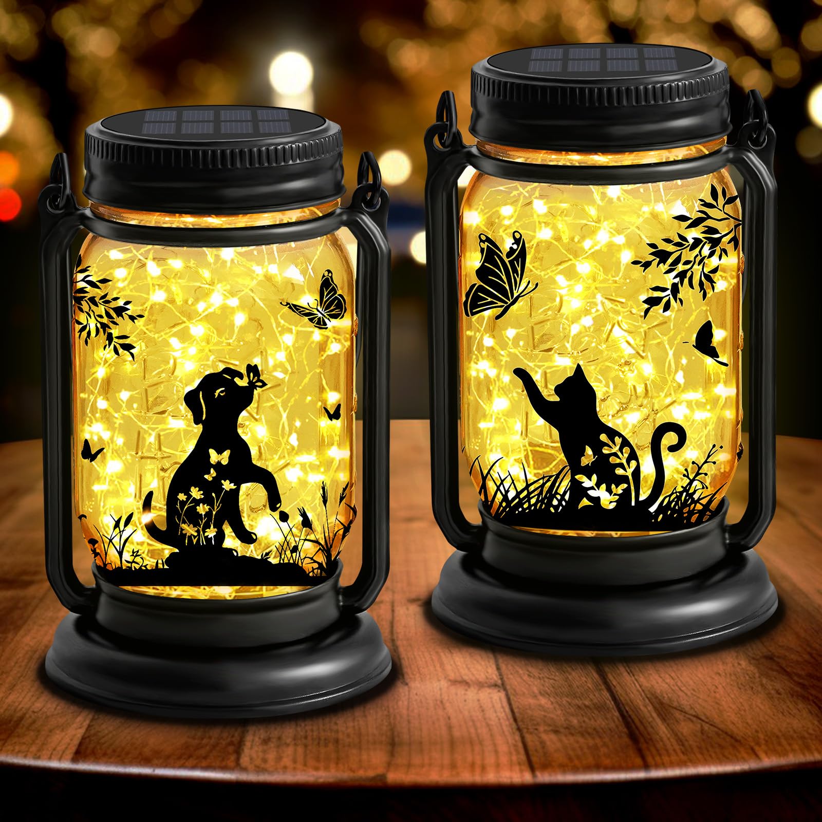 4 Pack Hanging Solar Lantern Lights, 30LED Vintage Glass Mason Jar Solar Fairy Lights Outdoor Decorative Waterproof Table Light with Stakes for Patio Yard Lawn Tree