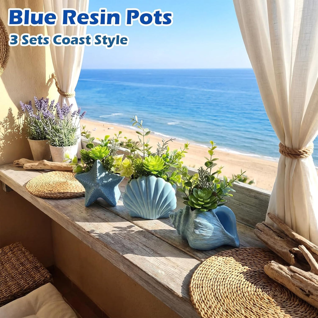 Zhehao 3 Set Coastal Artificial Plants Set Assorted Faux Succulents Artificial Plants with Pots Coastal Beach Decor for Home Bedroom Beach Theme Party Favors (Sea Shell Starfish Conch)