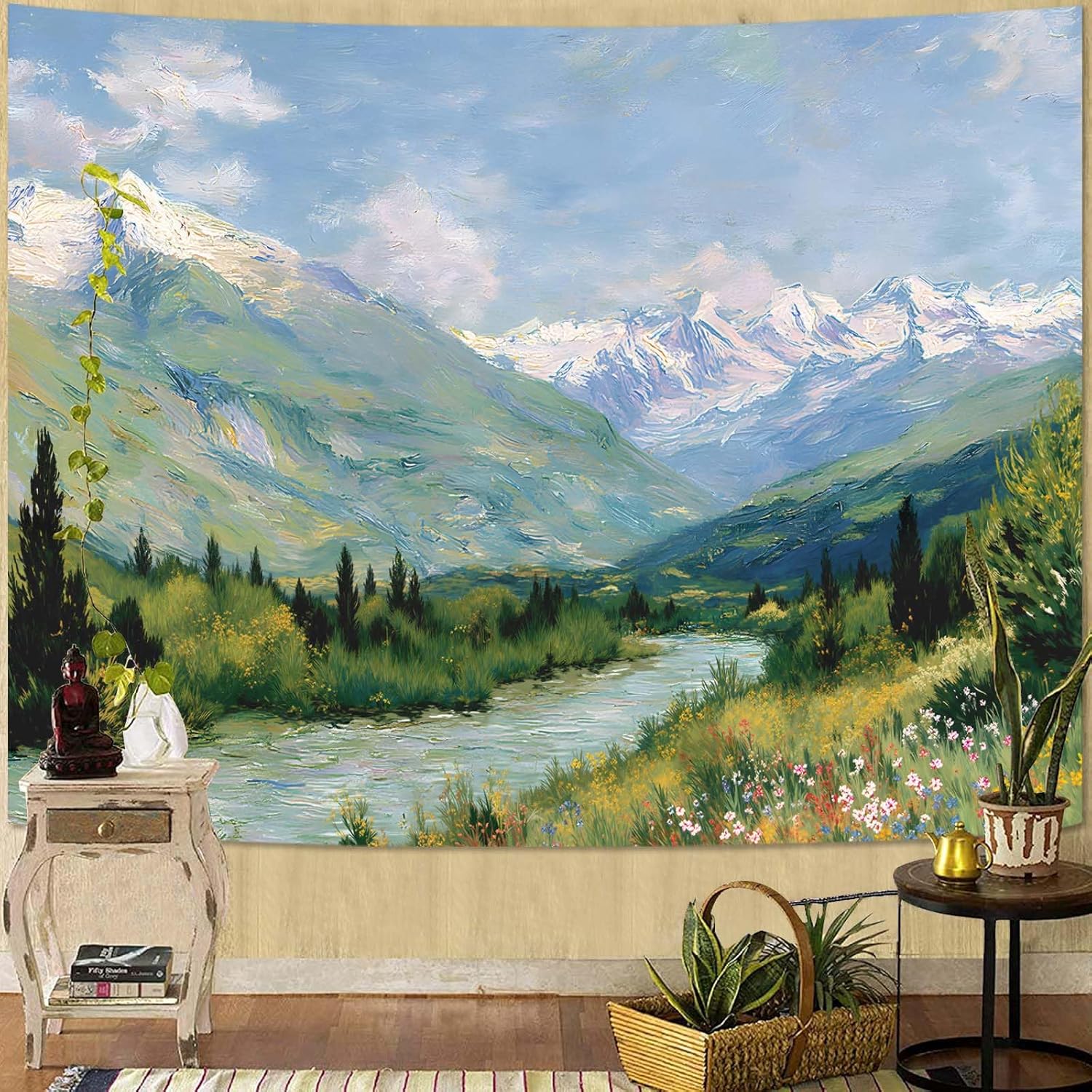 Yeoiat Tapestry Alpine Mountain River Landscape Oil Painting Wall Art Artistic Hand-Painted Look Fine Art Meadow Flowers Decor 90"x70"