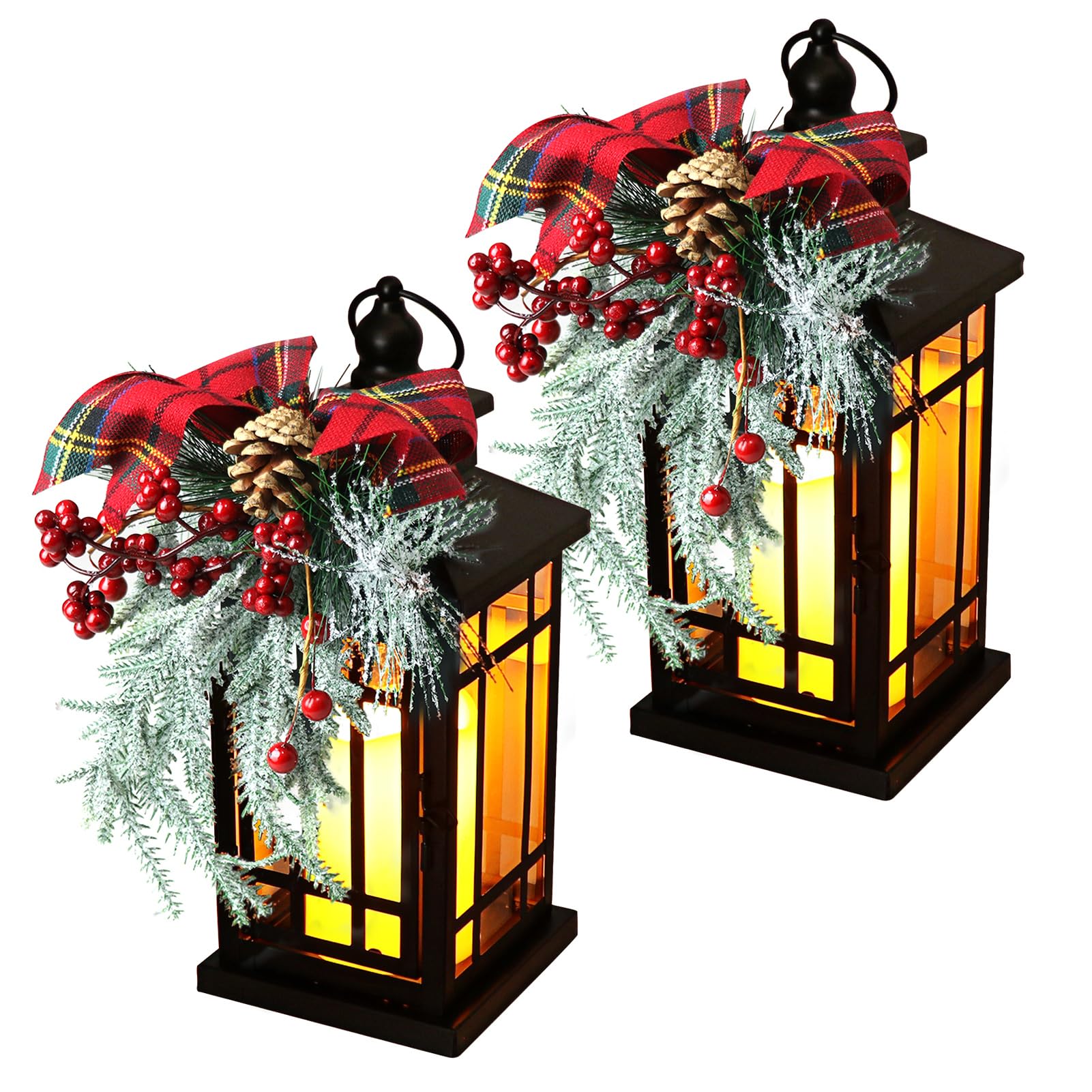 2Packs 14" Lighted Christmas Lanterns, Hanging Christmas Lantern Decorative with Snow-Covered Tree, Bow & Pine Cone Decorations for Porch, Mantel, Seasonal Display, Retro-Style Holiday Decor Outdoor