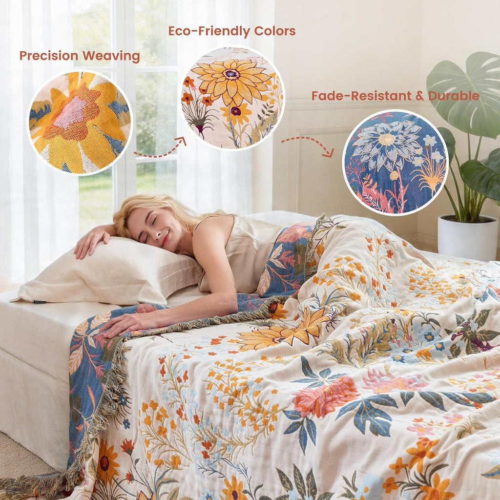 MSGKV Boho Throw Blanket for Couch Chair 100% Cotton Floral Blanket 50"x60" Sofa Blankets Lightweight Farmhouse Muslin Summer Breathable Bed Blankets Home Decor All Seasons