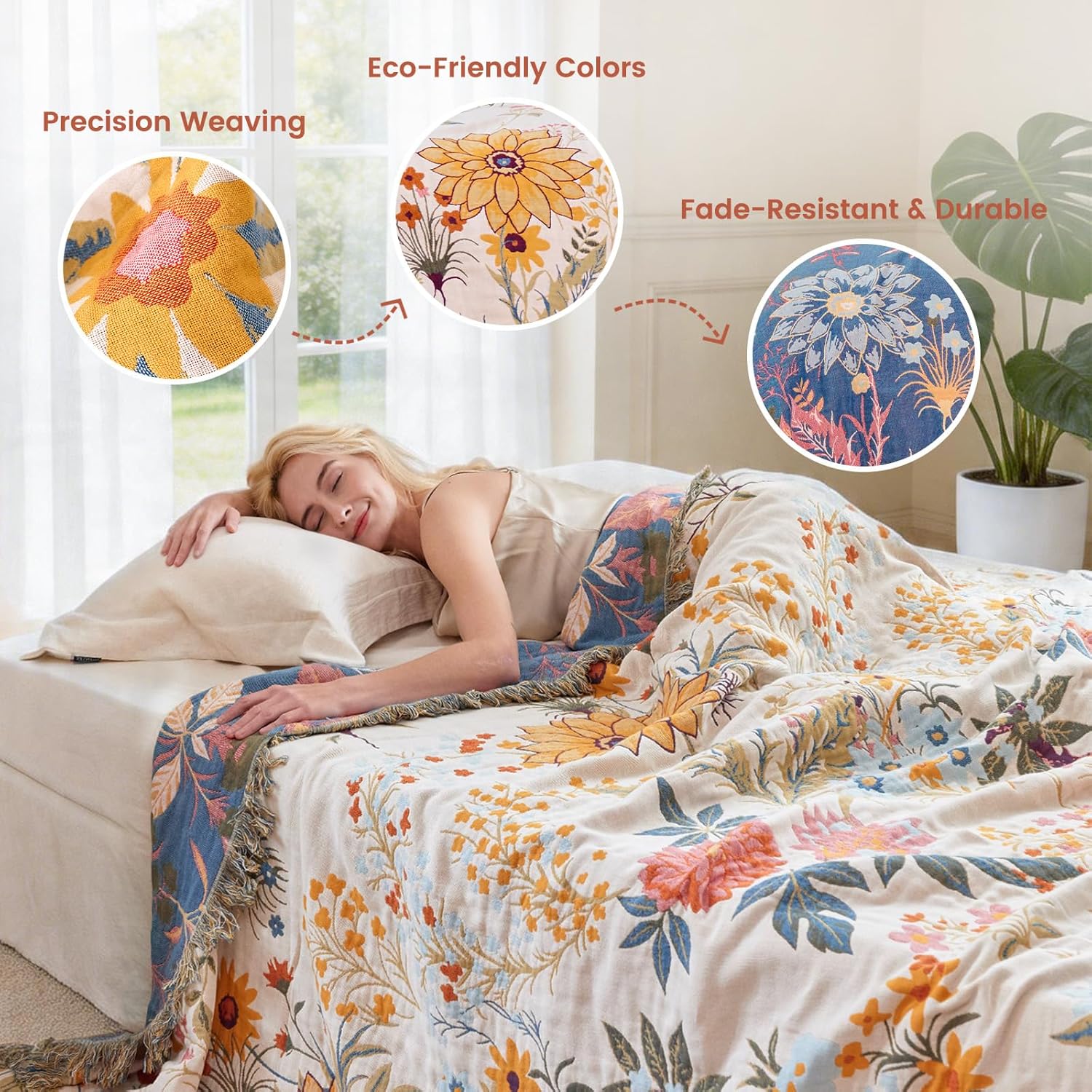 MSGKV Boho Throw Blanket for Couch Chair 100% Cotton Floral Blanket 50"x60" Sofa Blankets Lightweight Farmhouse Muslin Summer Breathable Bed Blankets Home Decor All Seasons