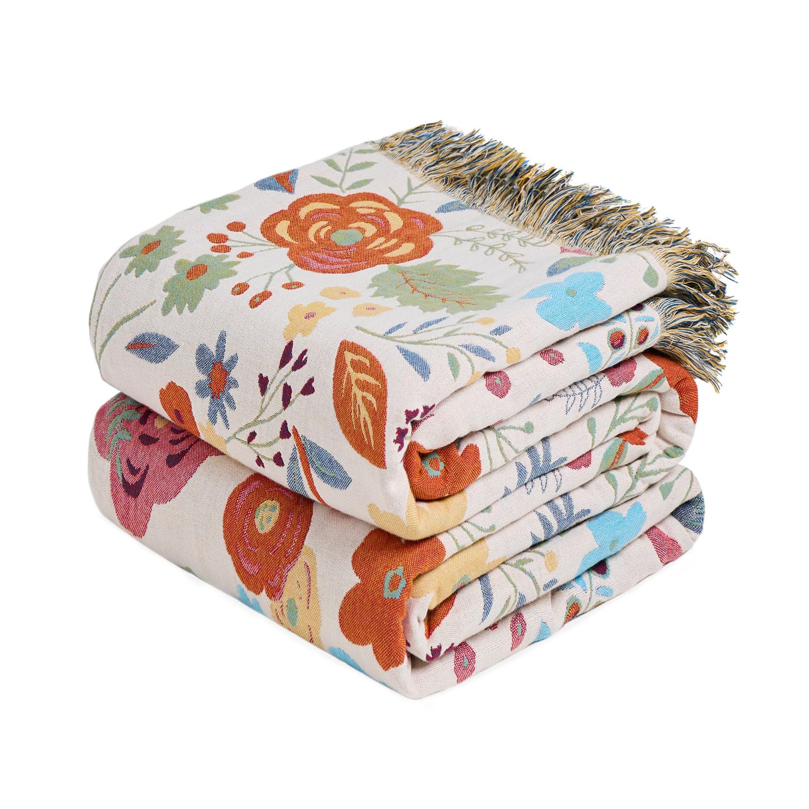 MSGKV Boho Throw Blanket for Couch Chair 100% Cotton Floral Blanket 50"x60" Sofa Blankets Lightweight Farmhouse Muslin Summer Breathable Bed Blankets Home Decor All Seasons