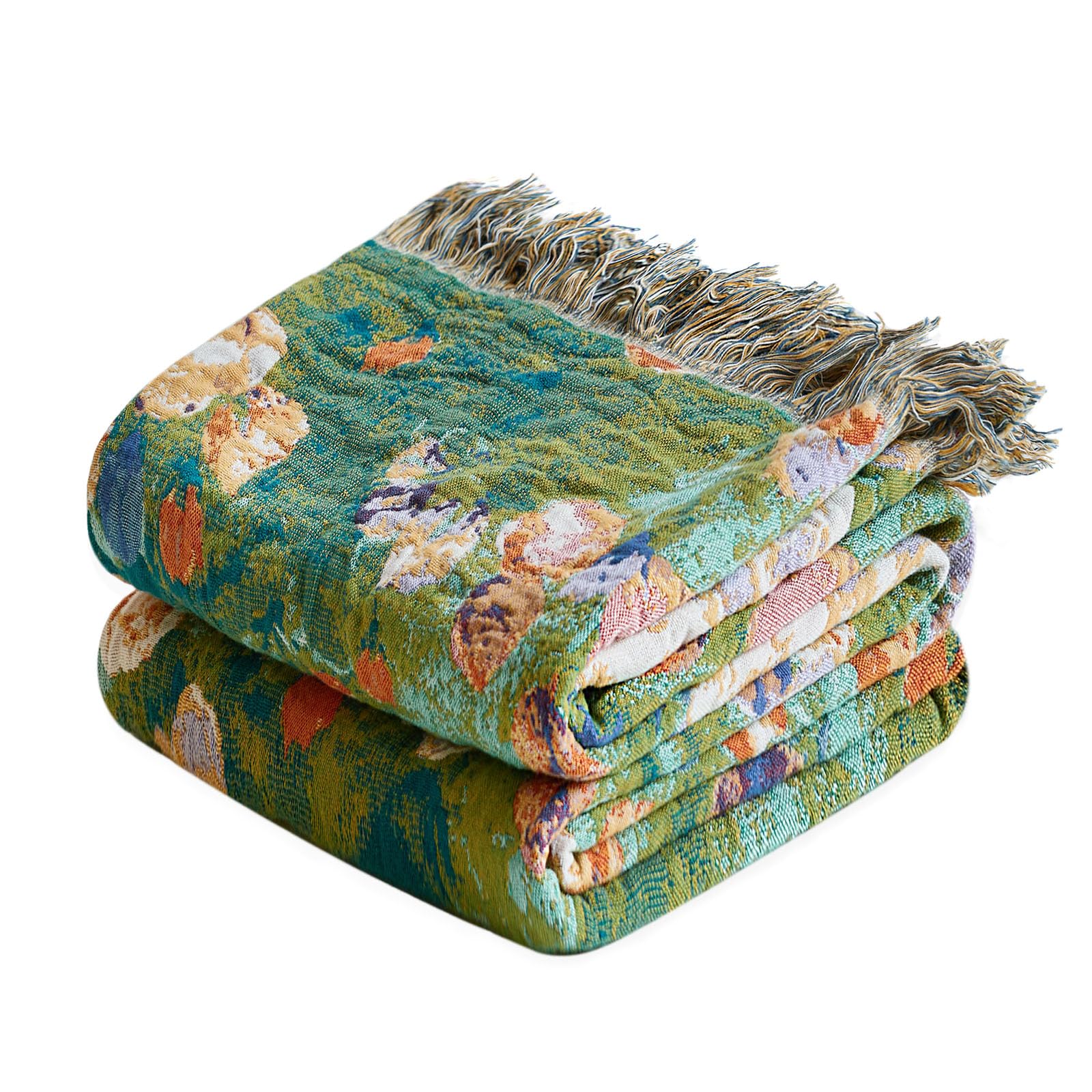 MSGKV Boho Throw Blanket for Couch Chair 100% Cotton Floral Blanket 50"x60" Sofa Blankets Lightweight Farmhouse Muslin Summer Breathable Bed Blankets Home Decor All Seasons