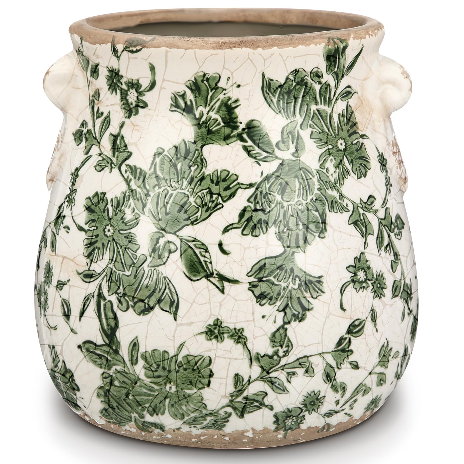 Ceramic Green Scroll Planter 6.5 Inch Chinoiserie Floral Vase with Drainage Holes Vintage Flower Vase Flower Pot Rustic Ceramic Pots for Indoor Plants Flowers Garden Home Bookshelf Decor